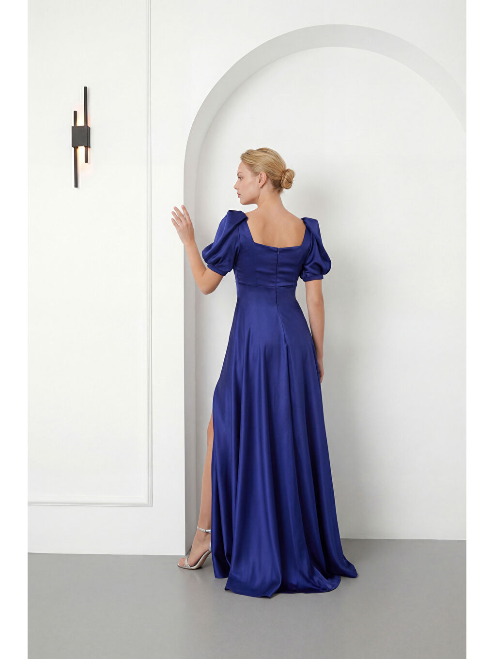 Kadın Lacivert Kare Yaka Balon Kol Yırtmaçlı Söz Nişan Nikah Abiye Elbise-5