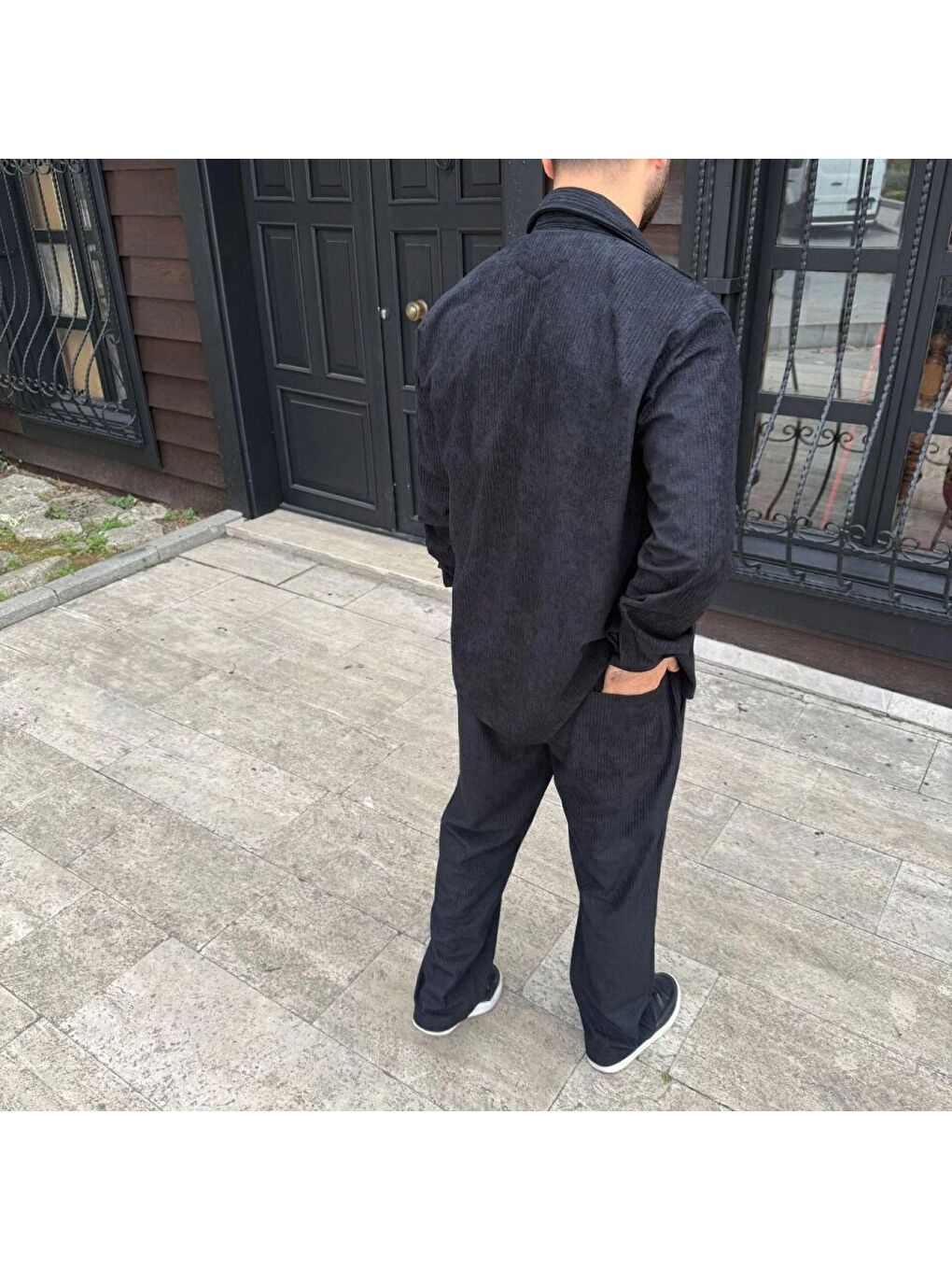 Siyah Erkek Fitilli Kadife Cepli Baggy Pantolon-3