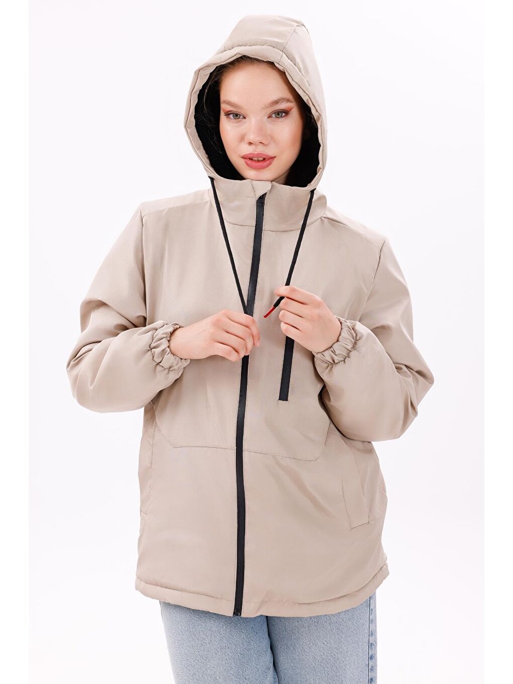 Bej Kadın Kürklü Su Ve Rüzgar Geçirmez Kapüşonlu Kışlık Mont & Kaban & Parka-1