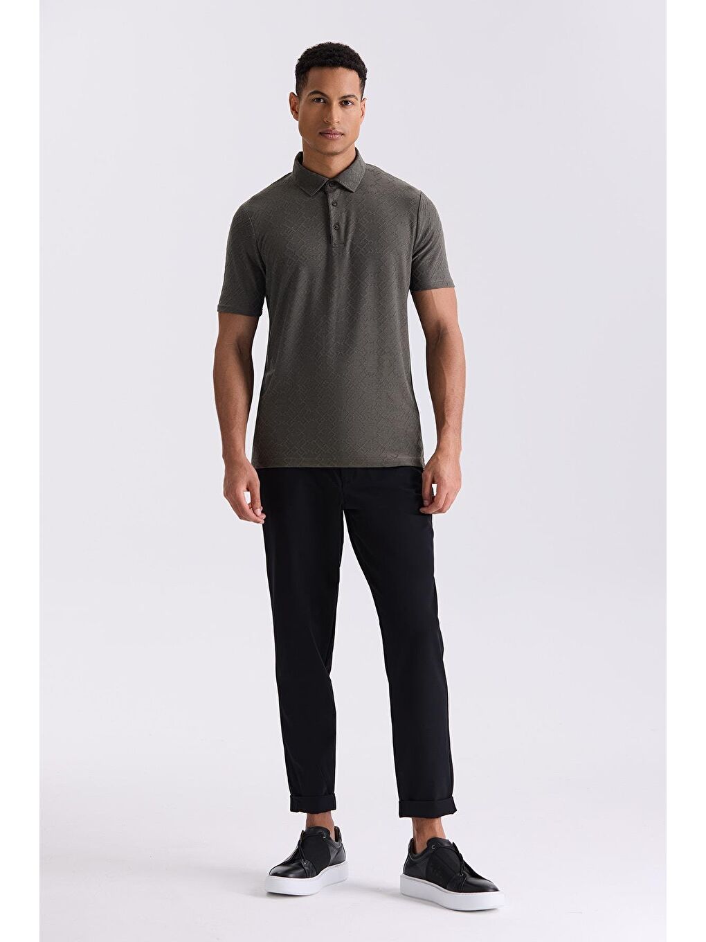 Haki Slim Fit Desenli Polo Yaka T-Shirt-1