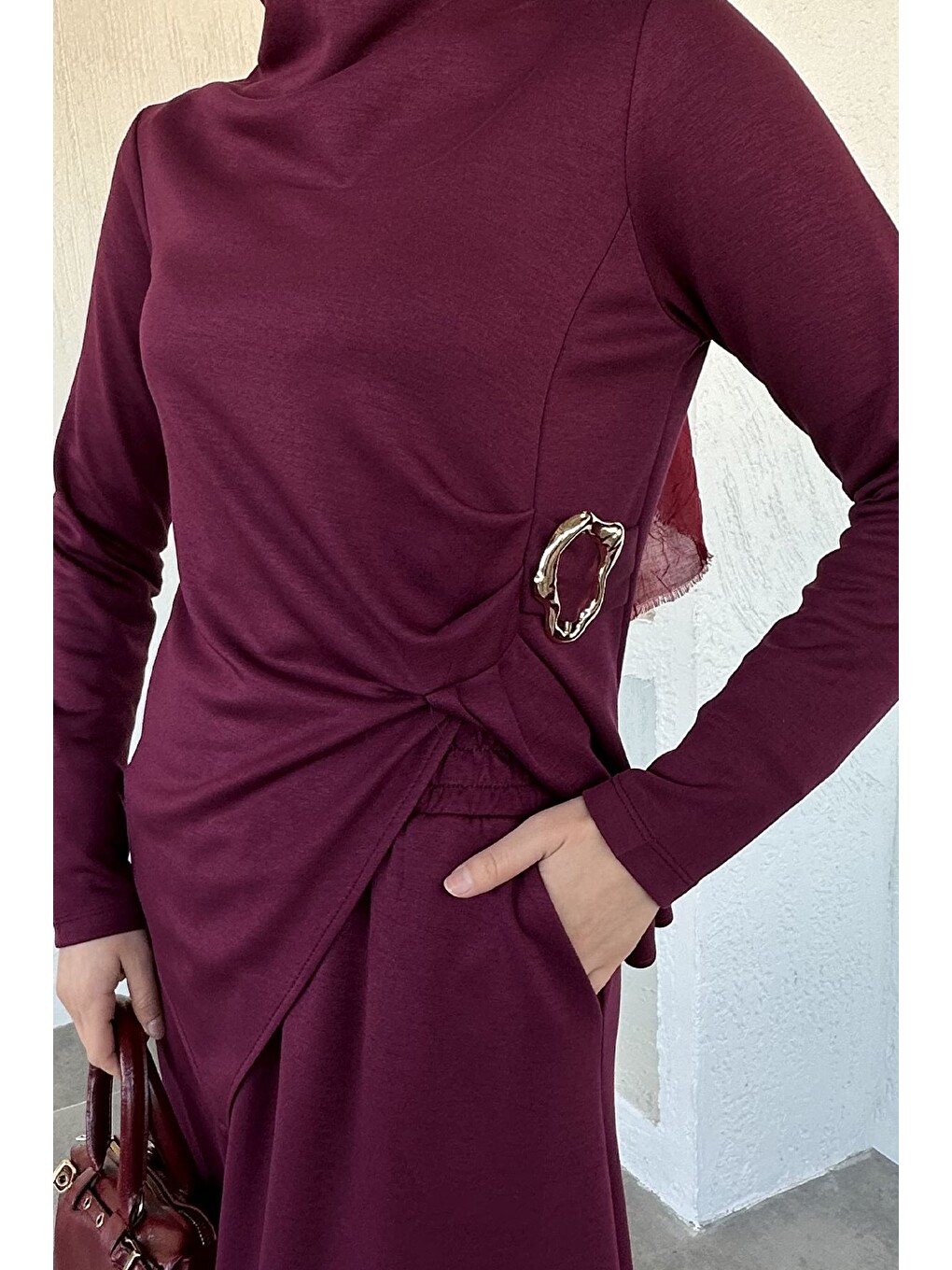Bordo Gold Toka Detaylı Bluz Bel Lastikli Etek Tesettür İkili Takım-7