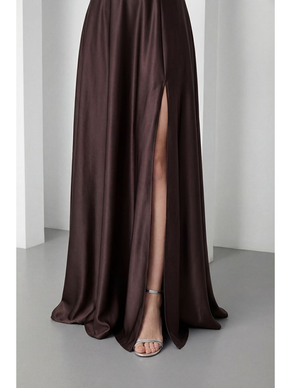 Kadın Kahverengi Kare Yaka Balon Kol Yırtmaçlı Söz Nişan Nikah Abiye Elbise-4