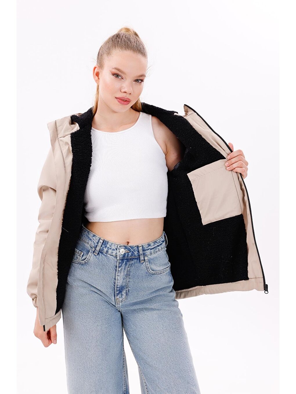 Bej Kadın Kürklü Su Ve Rüzgar Geçirmez Kapüşonlu Kışlık Mont & Kaban & Parka-3