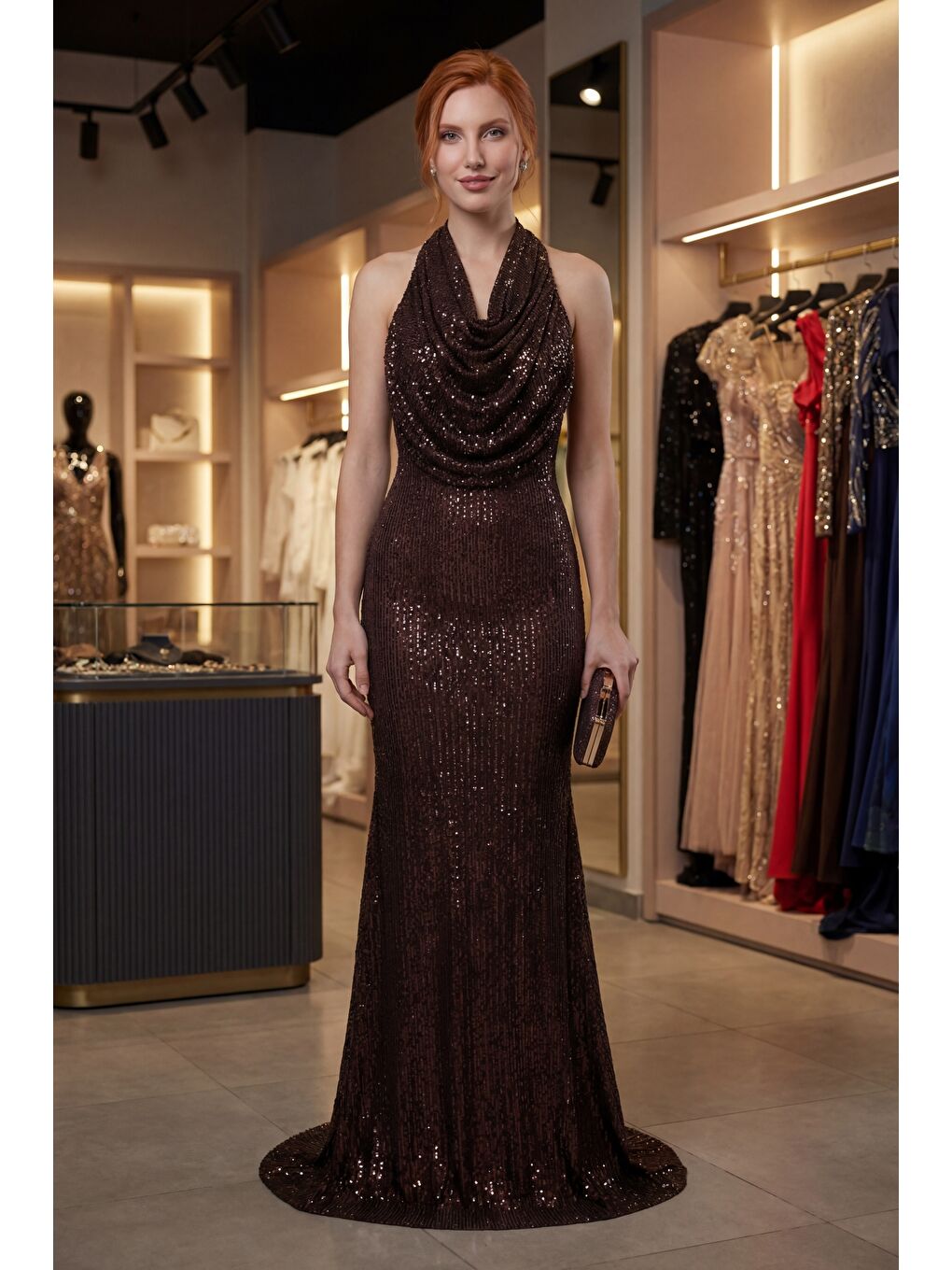 Kadın Kahverengi Dar Kalıp Halter Yaka Uzun Pul Payet Abiye Elbise-4