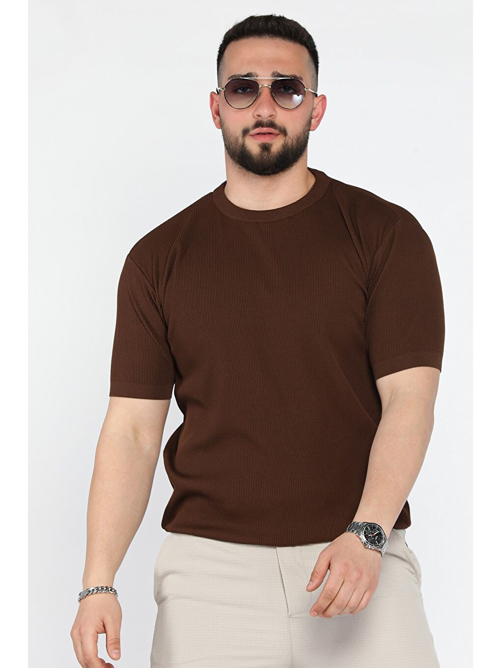 Kahverengi Erkek Bisiklet Yaka Fitilli Tişört-1