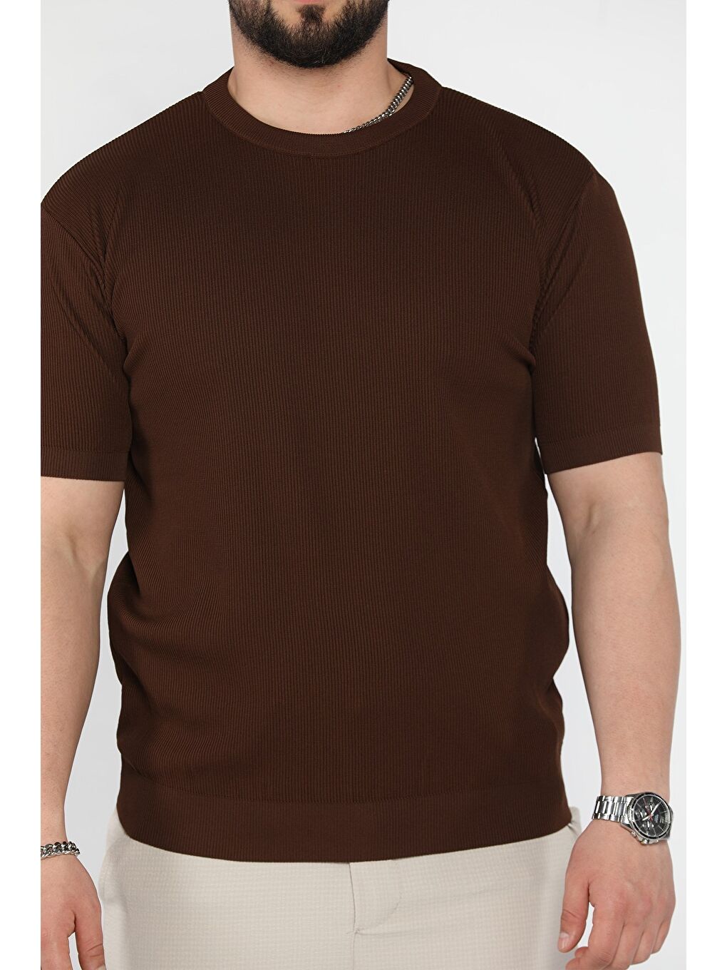 Kahverengi Erkek Bisiklet Yaka Fitilli Tişört-3