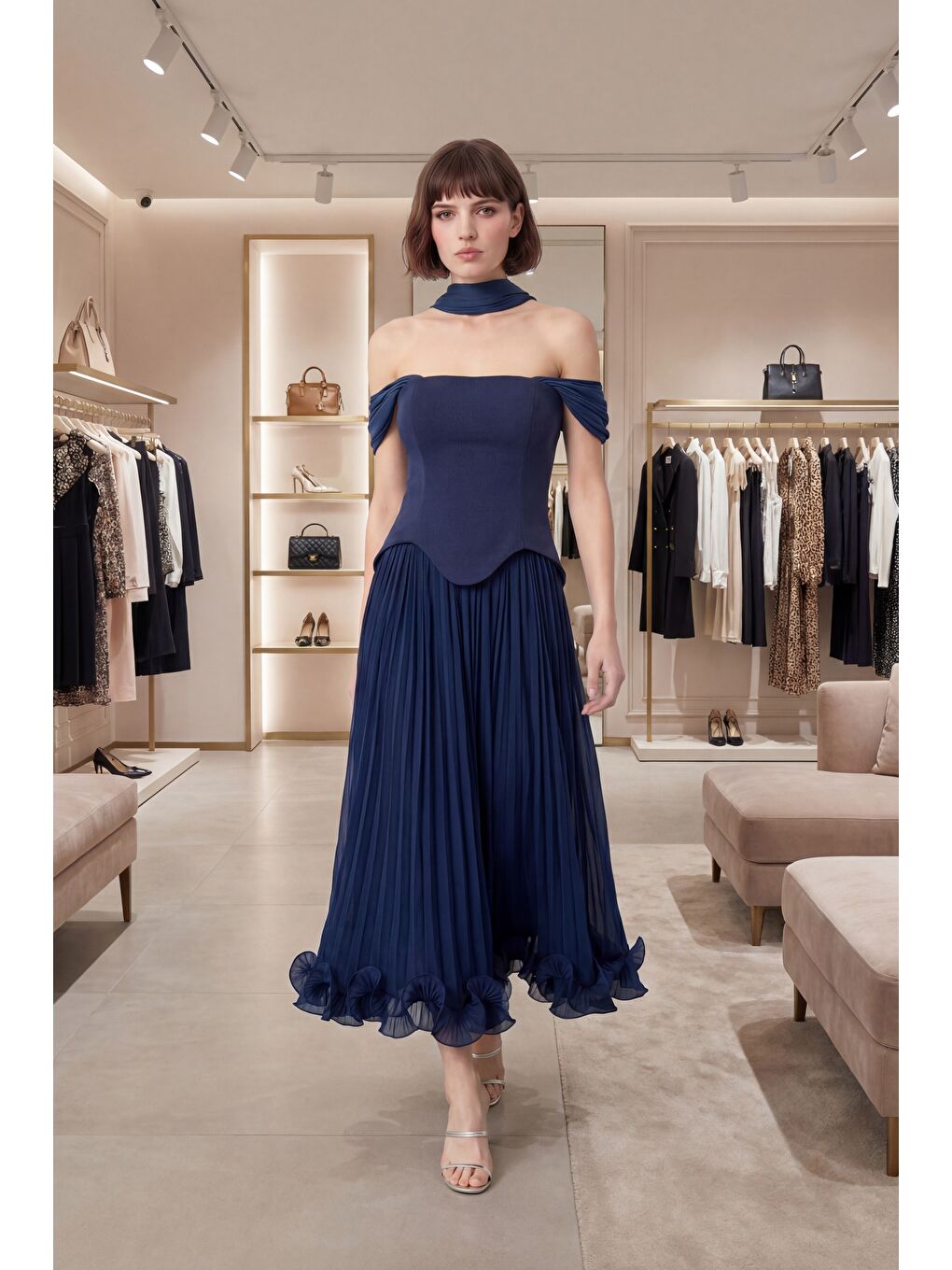 Kadın Lacivert Şal Yaka Etek Ucu Volanlı Midi Söz Nişan Nikah Abiye-4