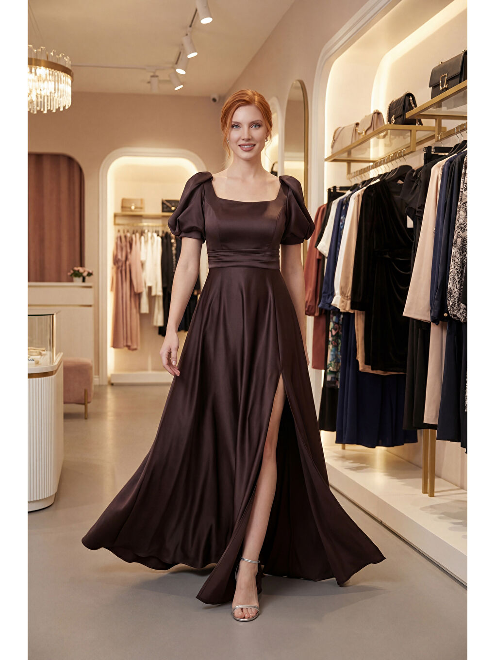 Kadın Kahverengi Kare Yaka Balon Kol Yırtmaçlı Söz Nişan Nikah Abiye Elbise-5