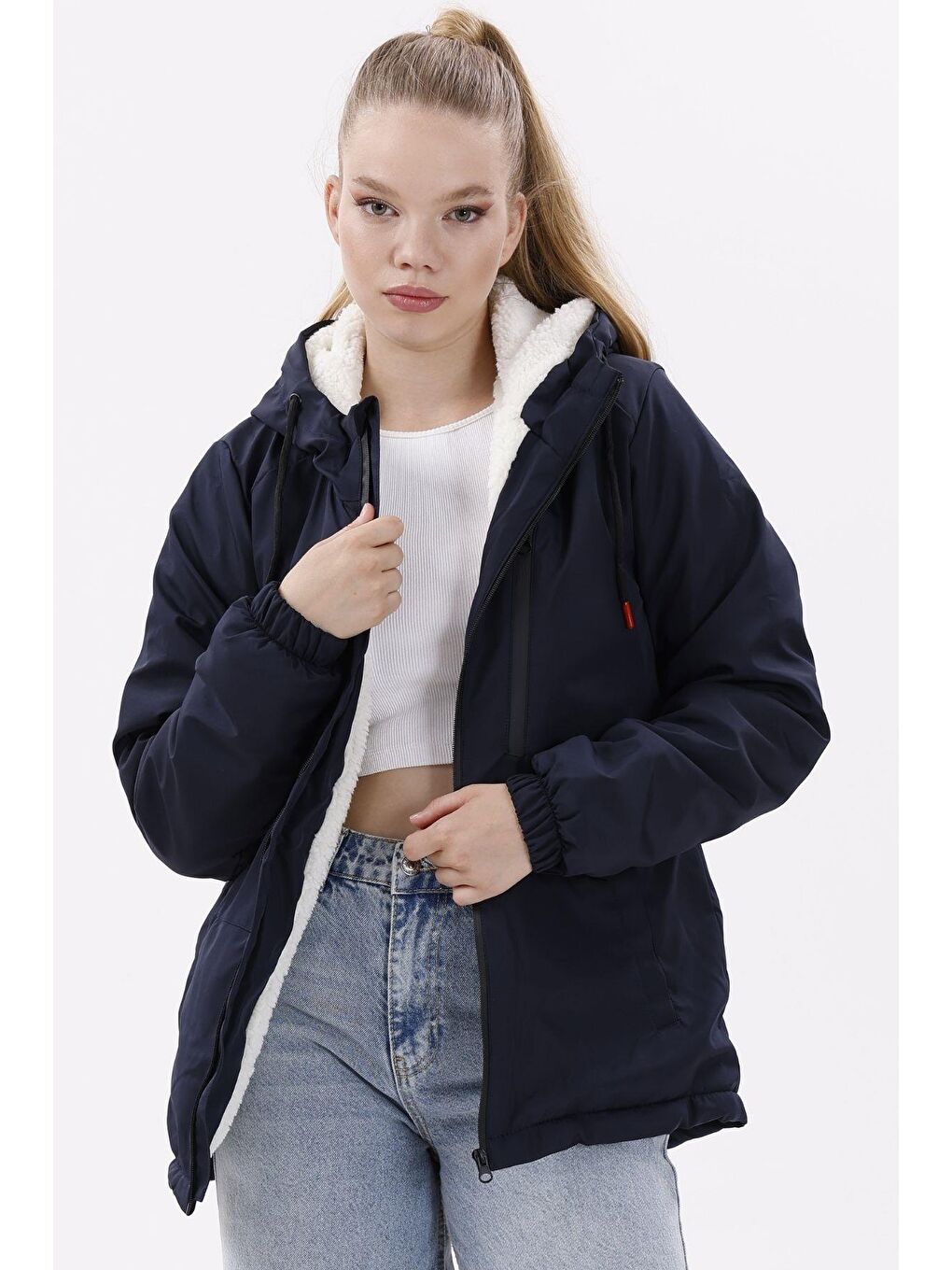 Lacivert Kadın Kürklü Su Ve Rüzgar Geçirmez Kapüşonlu Kışlık Mont & Kaban & Parka