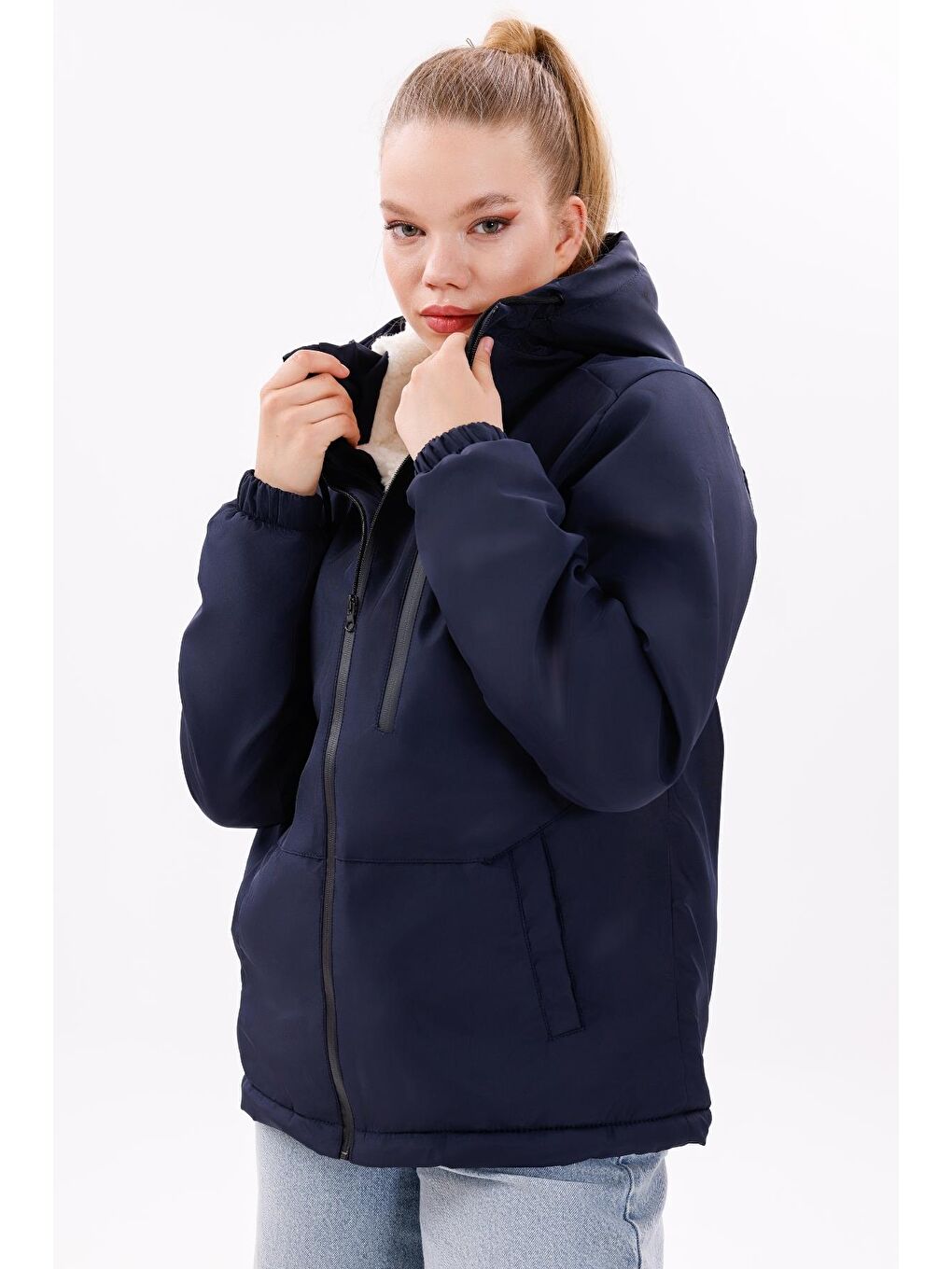 Lacivert Kadın Kürklü Su Ve Rüzgar Geçirmez Kapüşonlu Kışlık Mont & Kaban & Parka-1