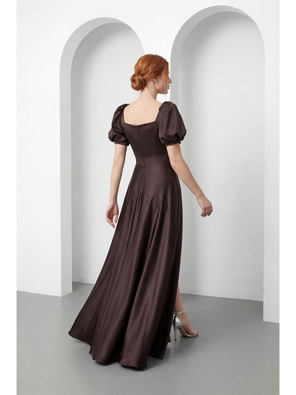 Kadın Kahverengi Kare Yaka Balon Kol Yırtmaçlı Söz Nişan Nikah Abiye Elbise-6