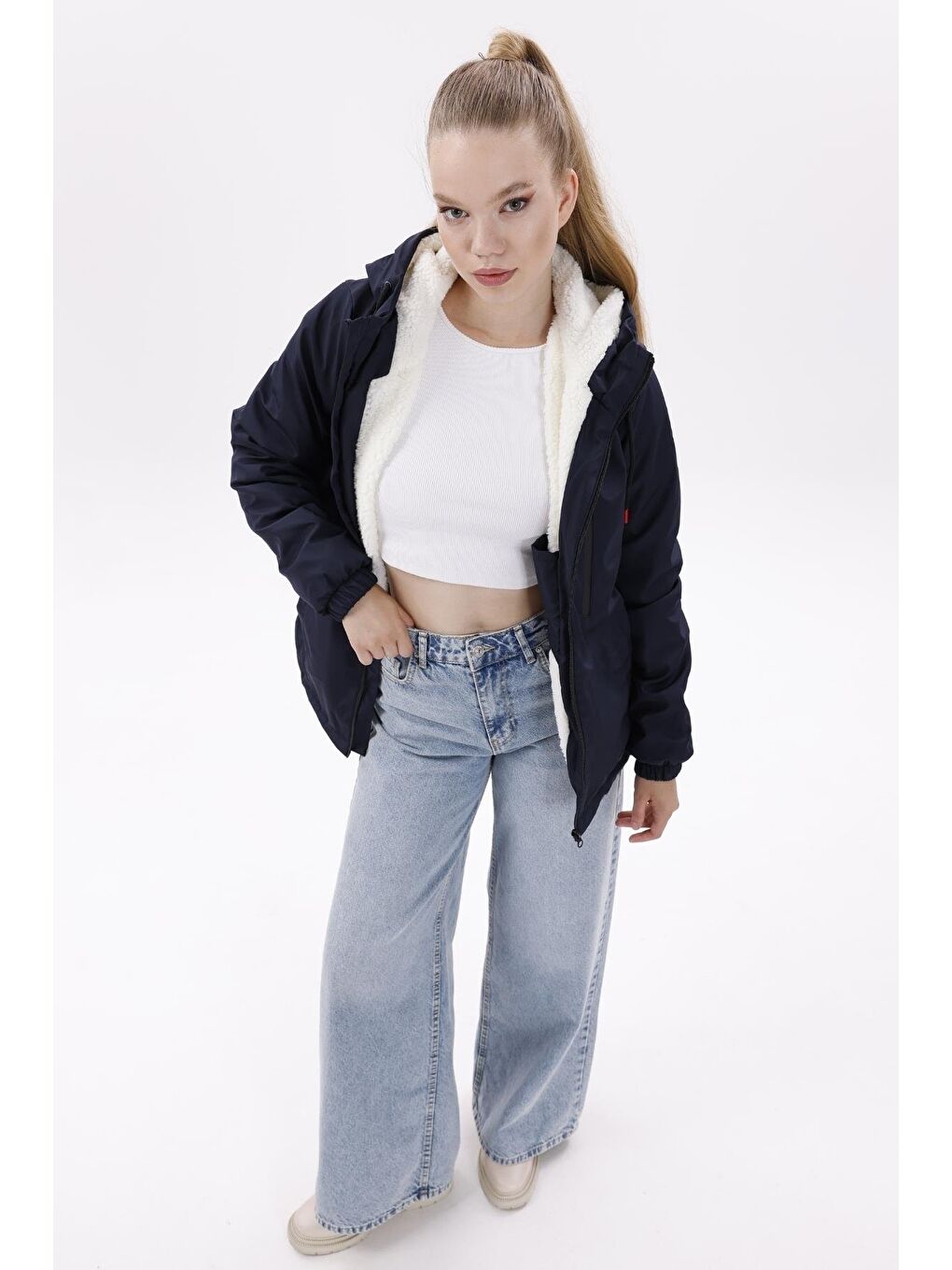 Lacivert Kadın Kürklü Su Ve Rüzgar Geçirmez Kapüşonlu Kışlık Mont & Kaban & Parka-3