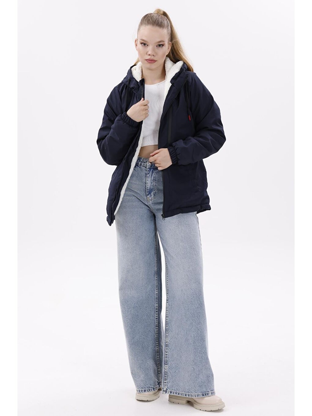 Lacivert Kadın Kürklü Su Ve Rüzgar Geçirmez Kapüşonlu Kışlık Mont & Kaban & Parka-4