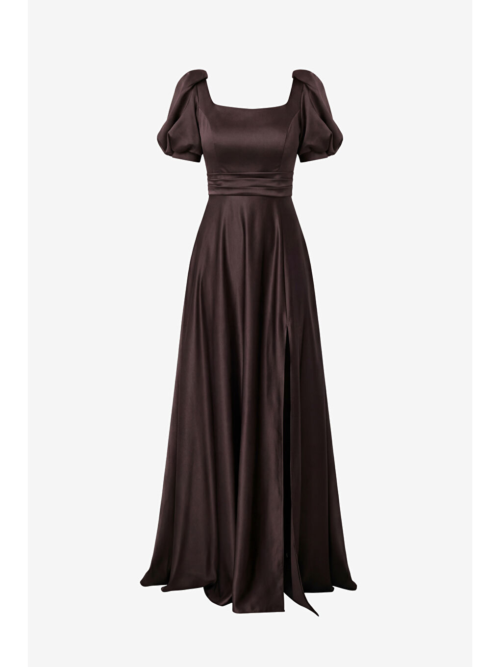 Kadın Kahverengi Kare Yaka Balon Kol Yırtmaçlı Söz Nişan Nikah Abiye Elbise-7