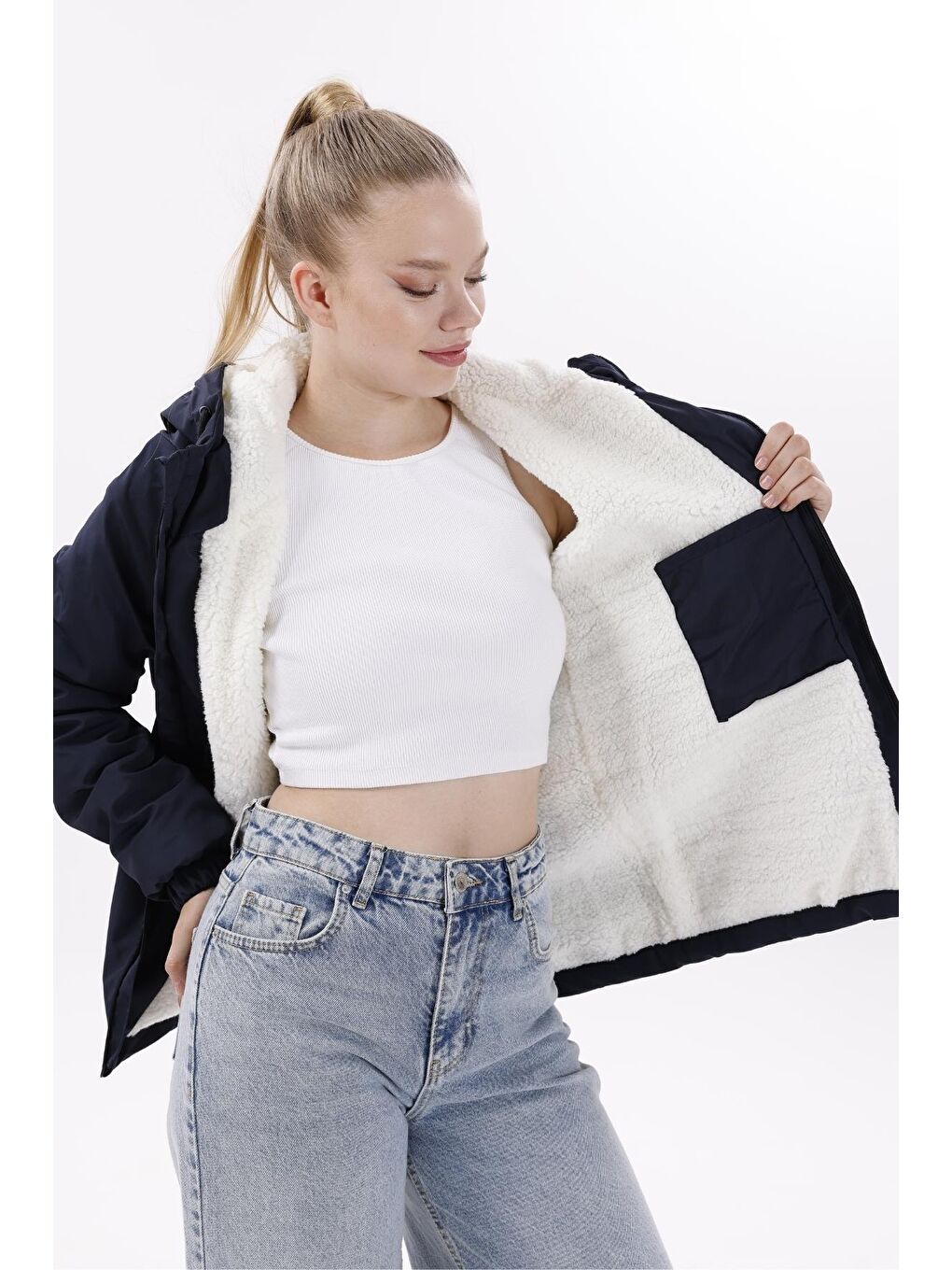 Lacivert Kadın Kürklü Su Ve Rüzgar Geçirmez Kapüşonlu Kışlık Mont & Kaban & Parka-5