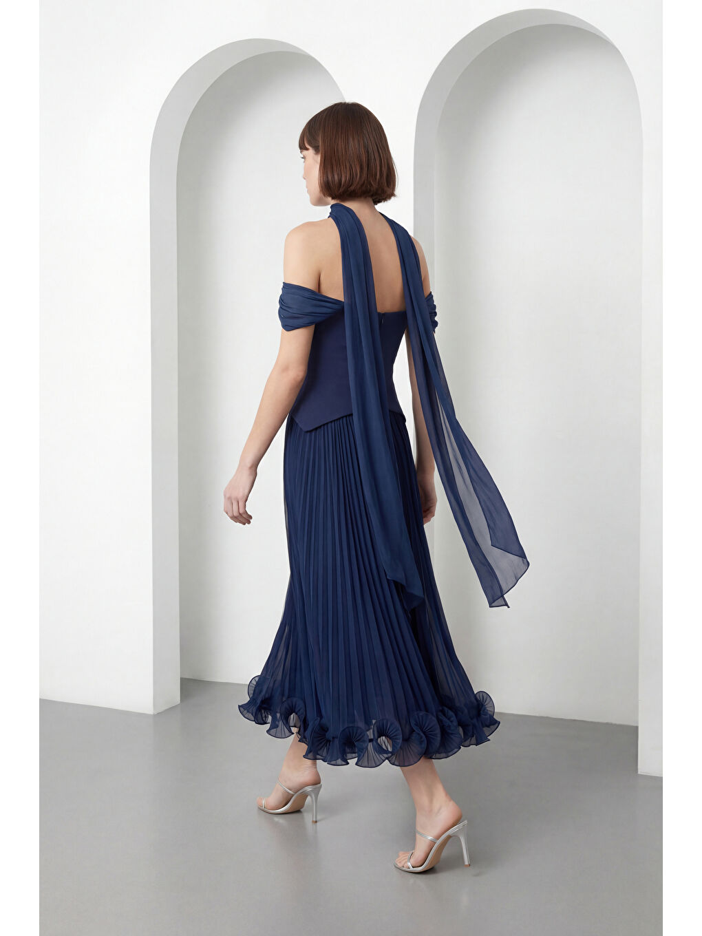 Kadın Lacivert Şal Yaka Etek Ucu Volanlı Midi Söz Nişan Nikah Abiye-5