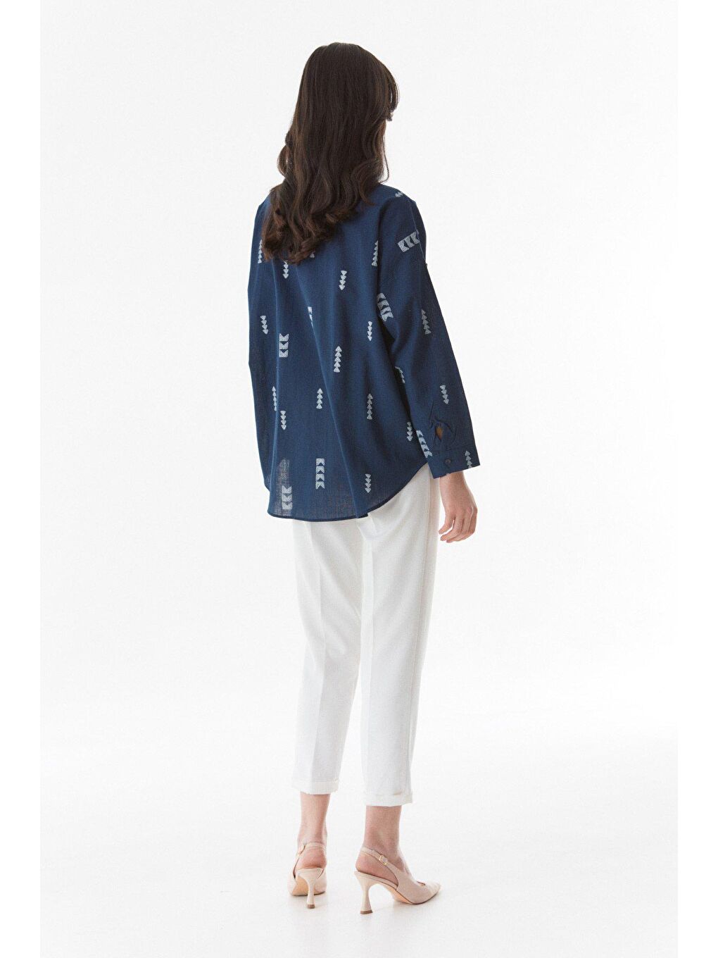 Lacivert Baskılı Çift Cepli Keten Gömlek-3