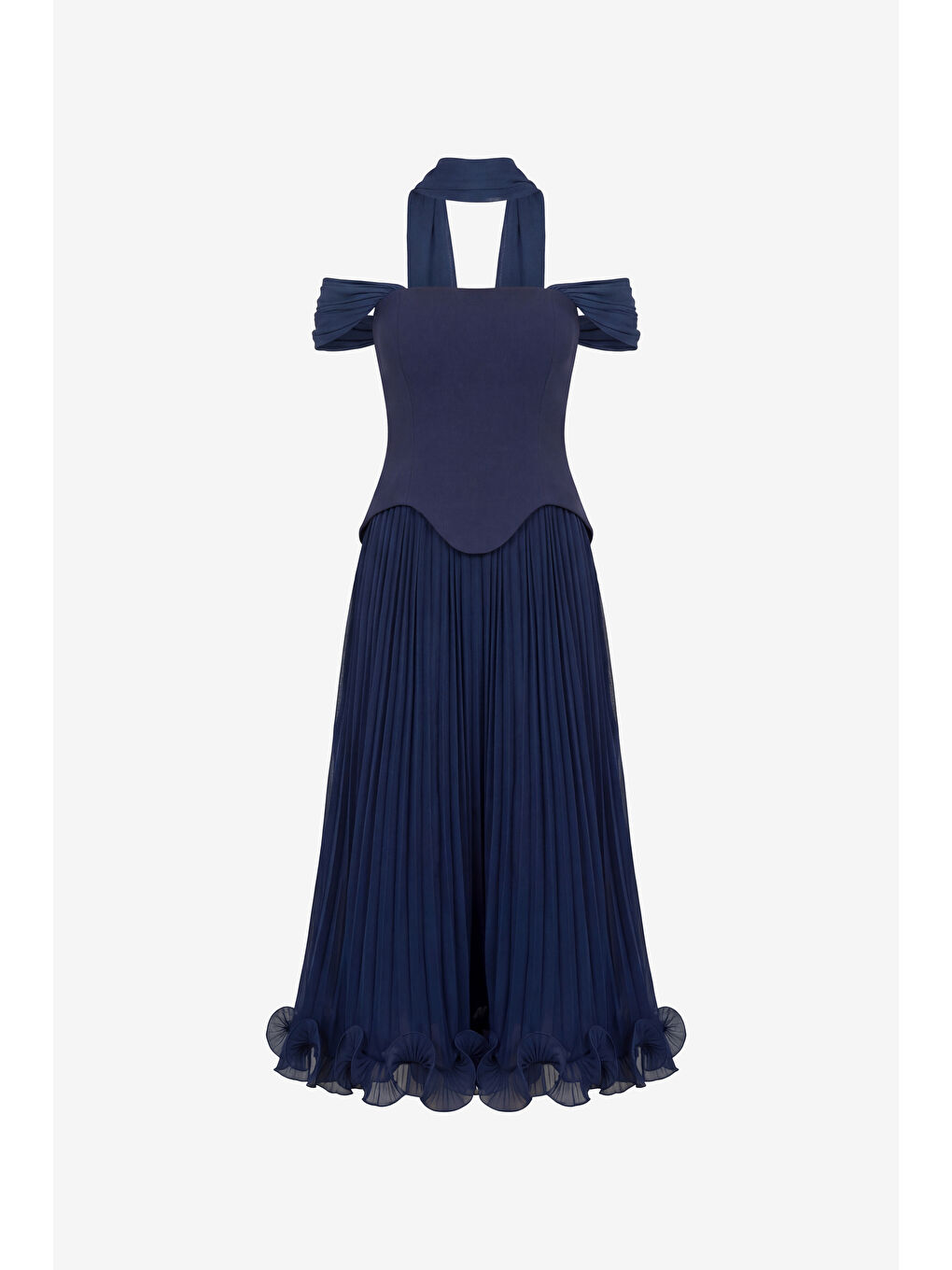 Kadın Lacivert Şal Yaka Etek Ucu Volanlı Midi Söz Nişan Nikah Abiye-6