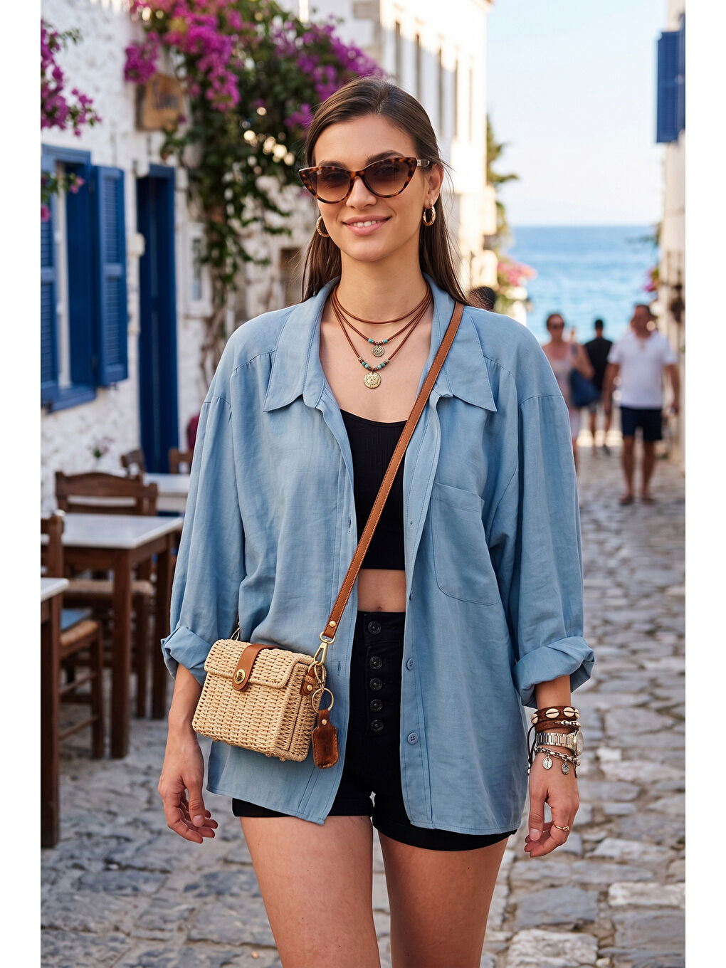 İndigo Modal Oversize Fit Uzun Kollu Kadın Gömlek 6834612