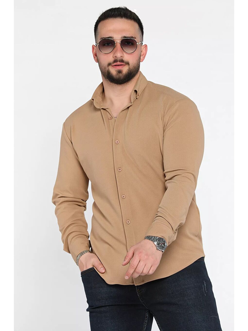 Ekru Erkek Uzun Kol Gömlek-1