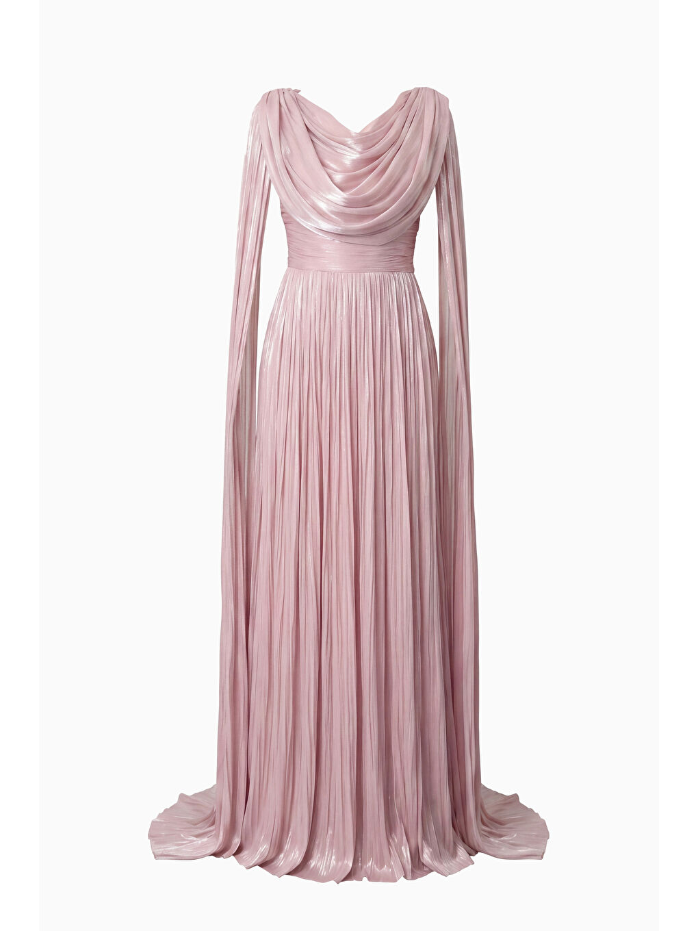 Pembe Kadın Pudra Şifon Dökümlü Pelerin Kollu Uzun Abiye Elbise-6