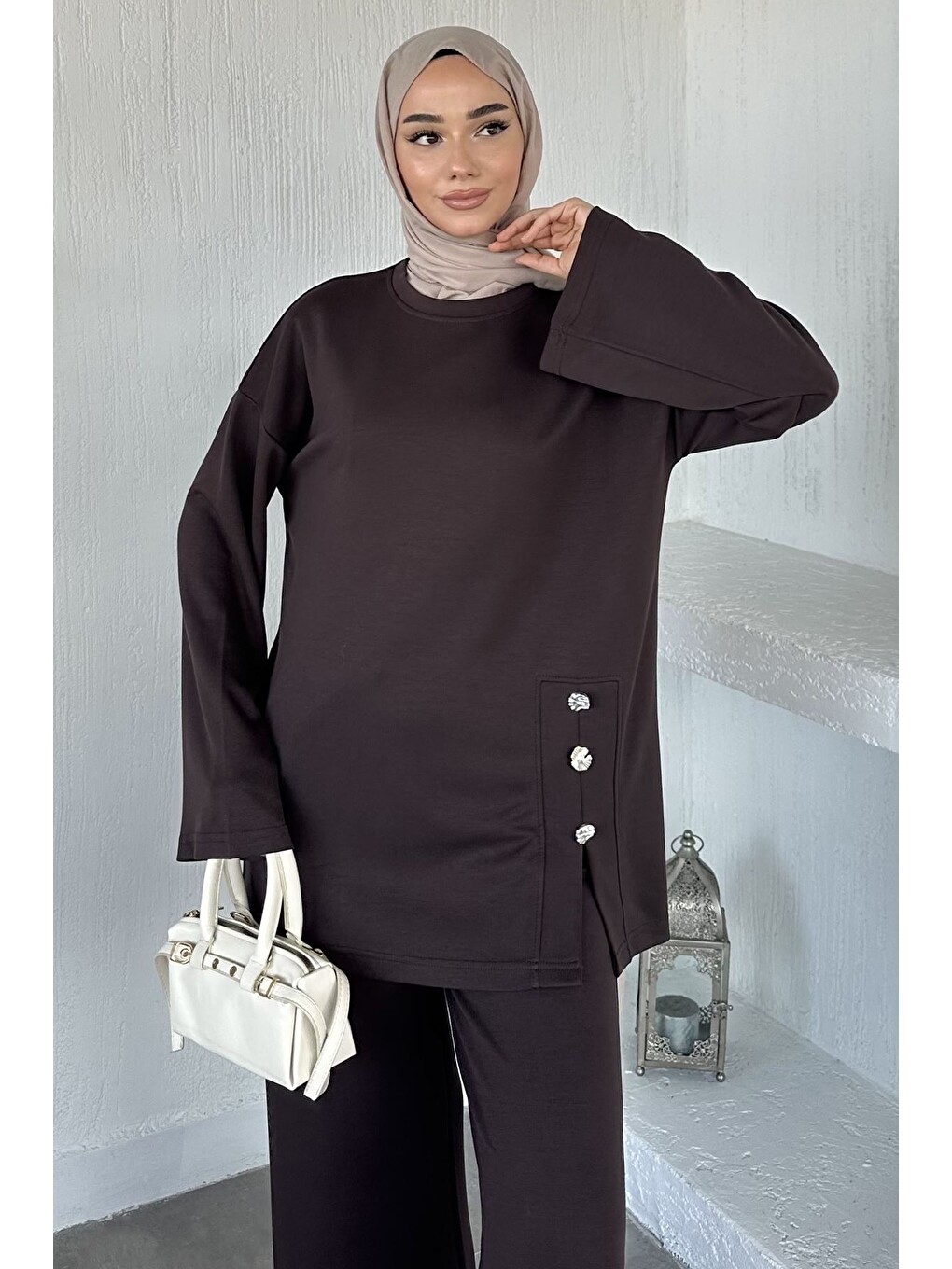 Kahverengi Bel Lastikli Pantolon Tunik Tesettür İkili Takım-1