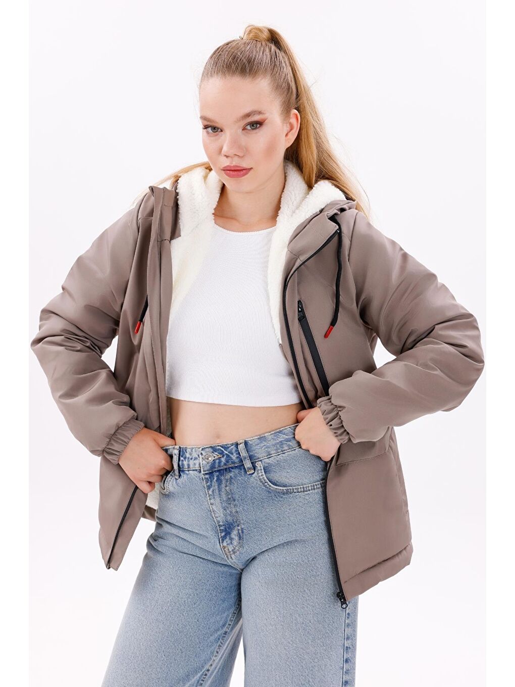 Bej Kadın Kürklü Su Ve Rüzgar Geçirmez Kapüşonlu Kışlık Mont & Kaban & Parka-2