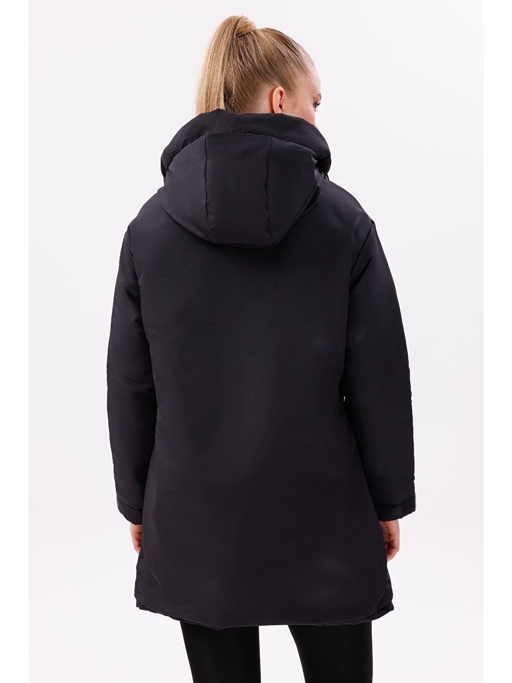 Siyah Kadın Polarlı Kürklü Su Ve Rüzgar Geçirmez Kapüşonlu Kışlık Mont & Kaban & Parka-4