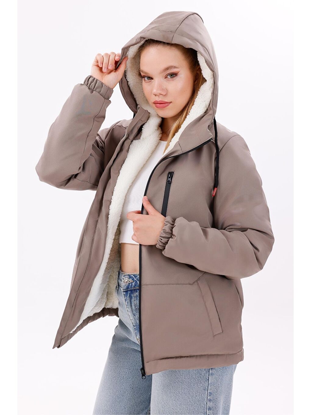 Bej Kadın Kürklü Su Ve Rüzgar Geçirmez Kapüşonlu Kışlık Mont & Kaban & Parka-3
