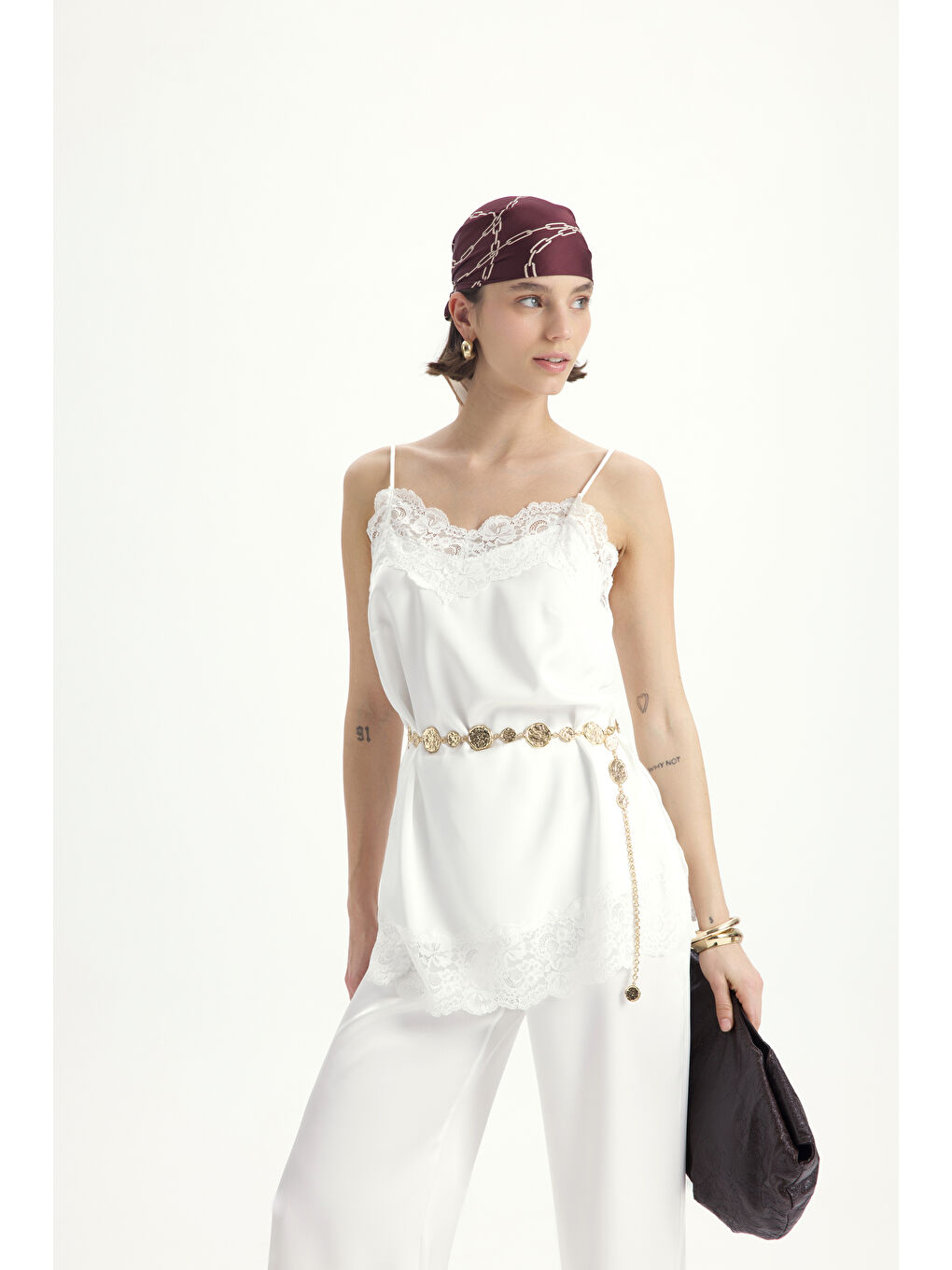 Maris Dantel Detay Beyaz Saten Pantolon Takım