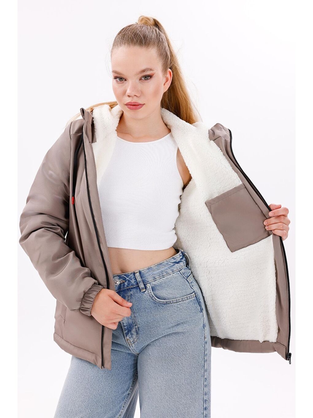 Bej Kadın Kürklü Su Ve Rüzgar Geçirmez Kapüşonlu Kışlık Mont & Kaban & Parka-4