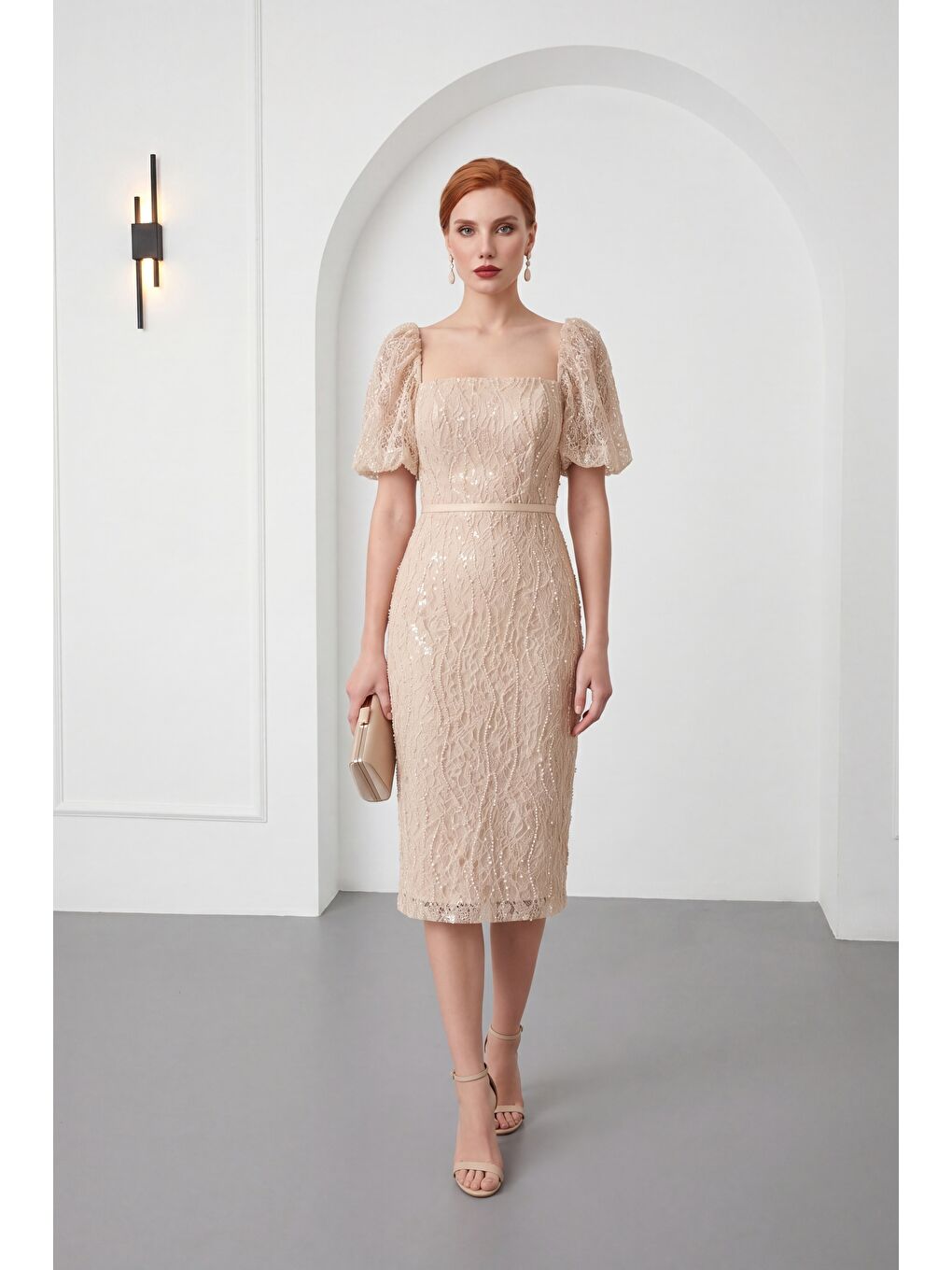 Kadın Bej Kare Yaka Balon Kol Midi Söz Nişan Nikah Abiye Elbise-1