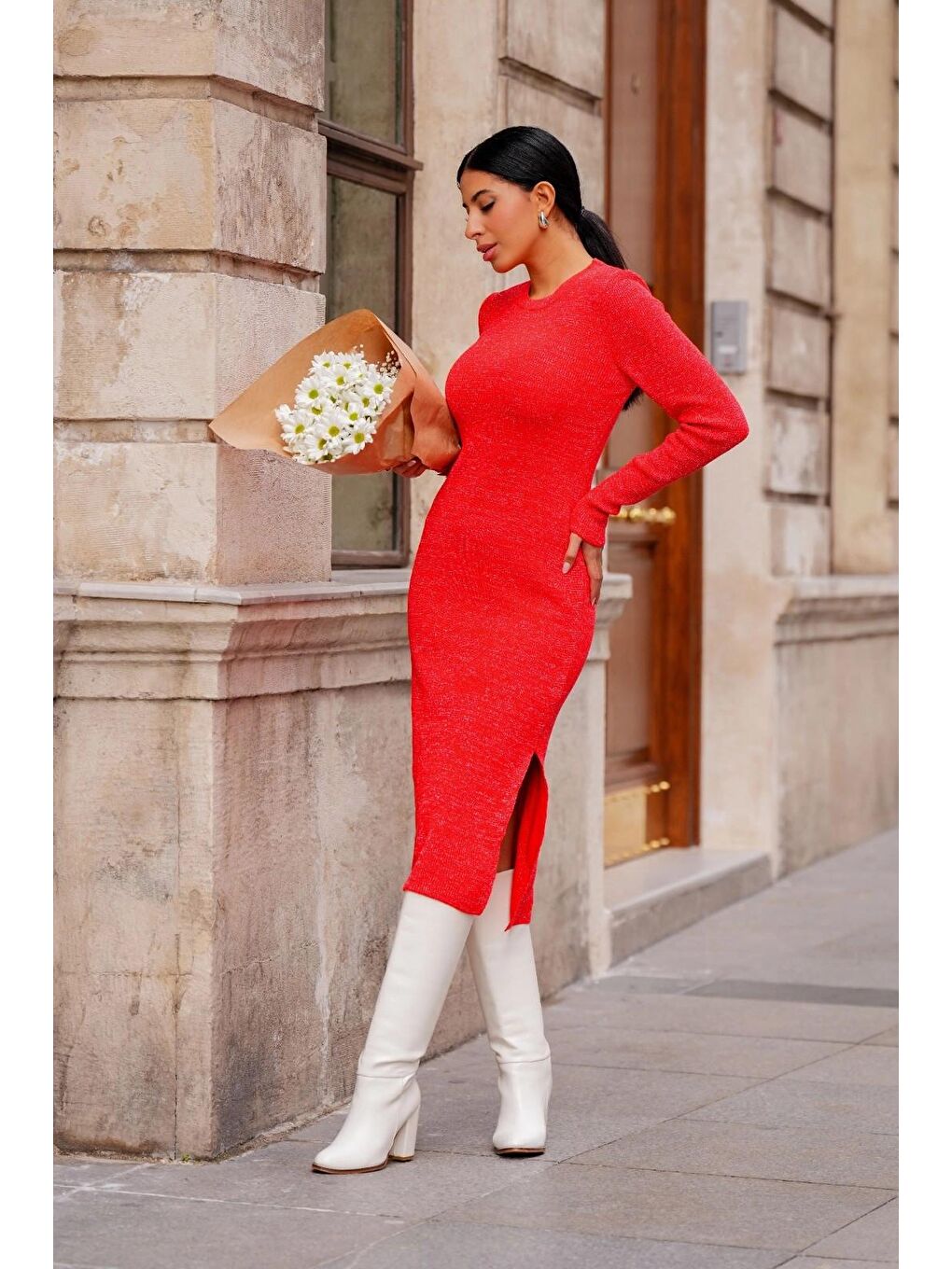 Kırmızı Aşkın İzi Bisiklet Yaka Simli Triko Elbise