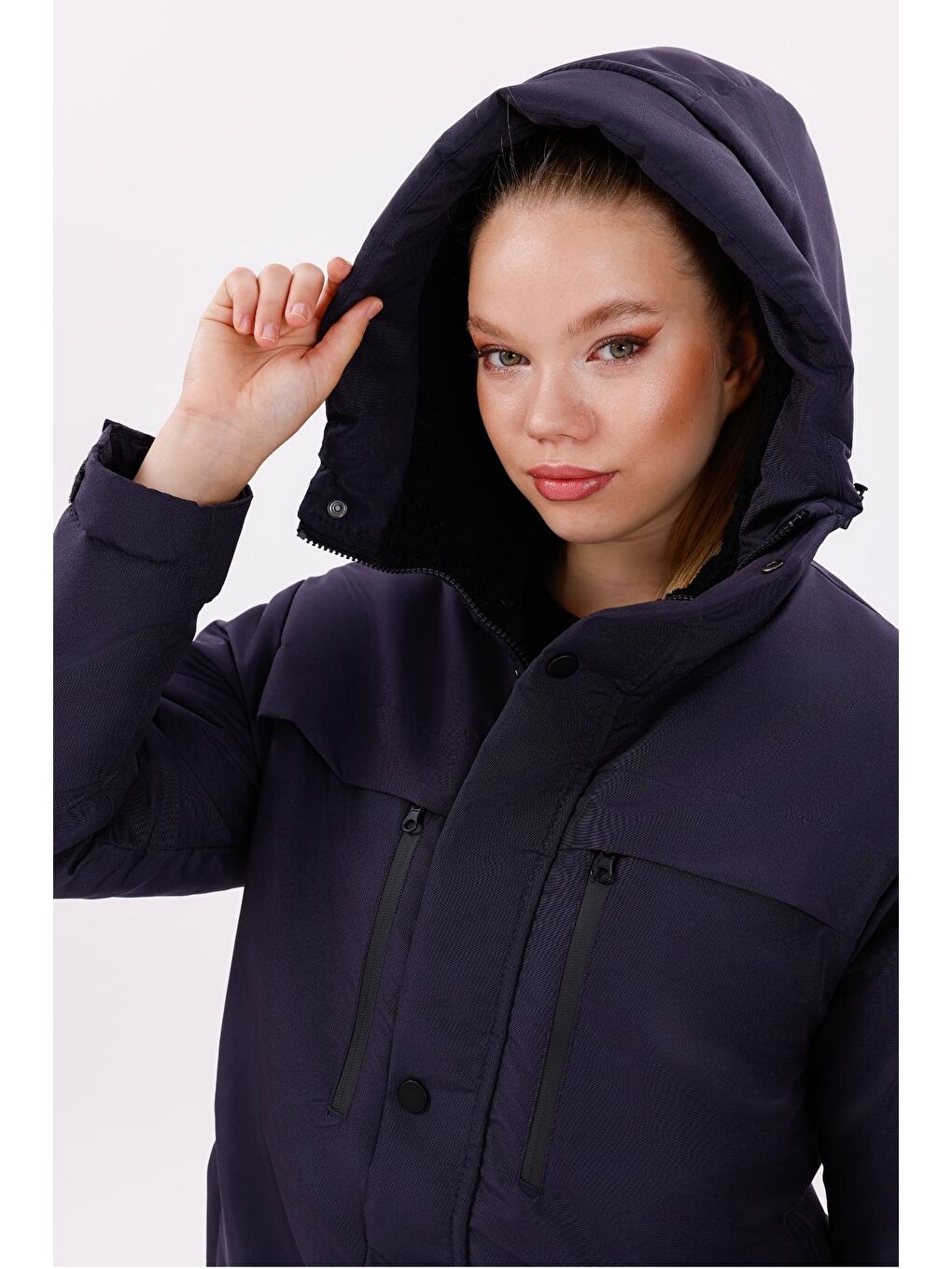Lacivert Kadın Polarlı Kürklü Su Ve Rüzgar Geçirmez Kapüşonlu Kışlık Mont & Kaban & Parka-2