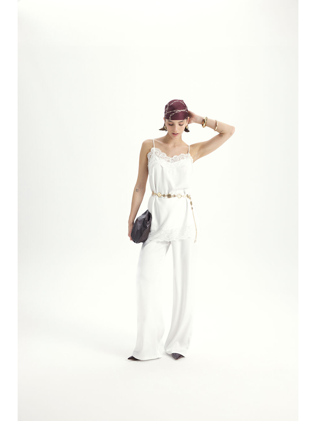 Maris Dantel Detay Beyaz Saten Pantolon Takım-2