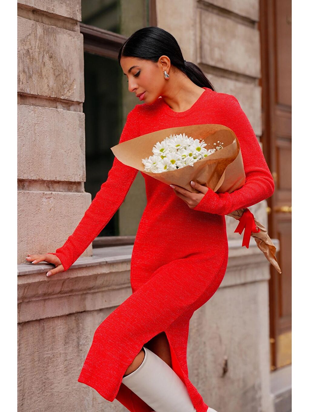 Kırmızı Aşkın İzi Bisiklet Yaka Simli Triko Elbise-1