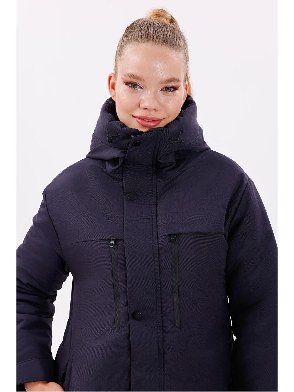 Lacivert Kadın Polarlı Kürklü Su Ve Rüzgar Geçirmez Kapüşonlu Kışlık Mont & Kaban & Parka-3