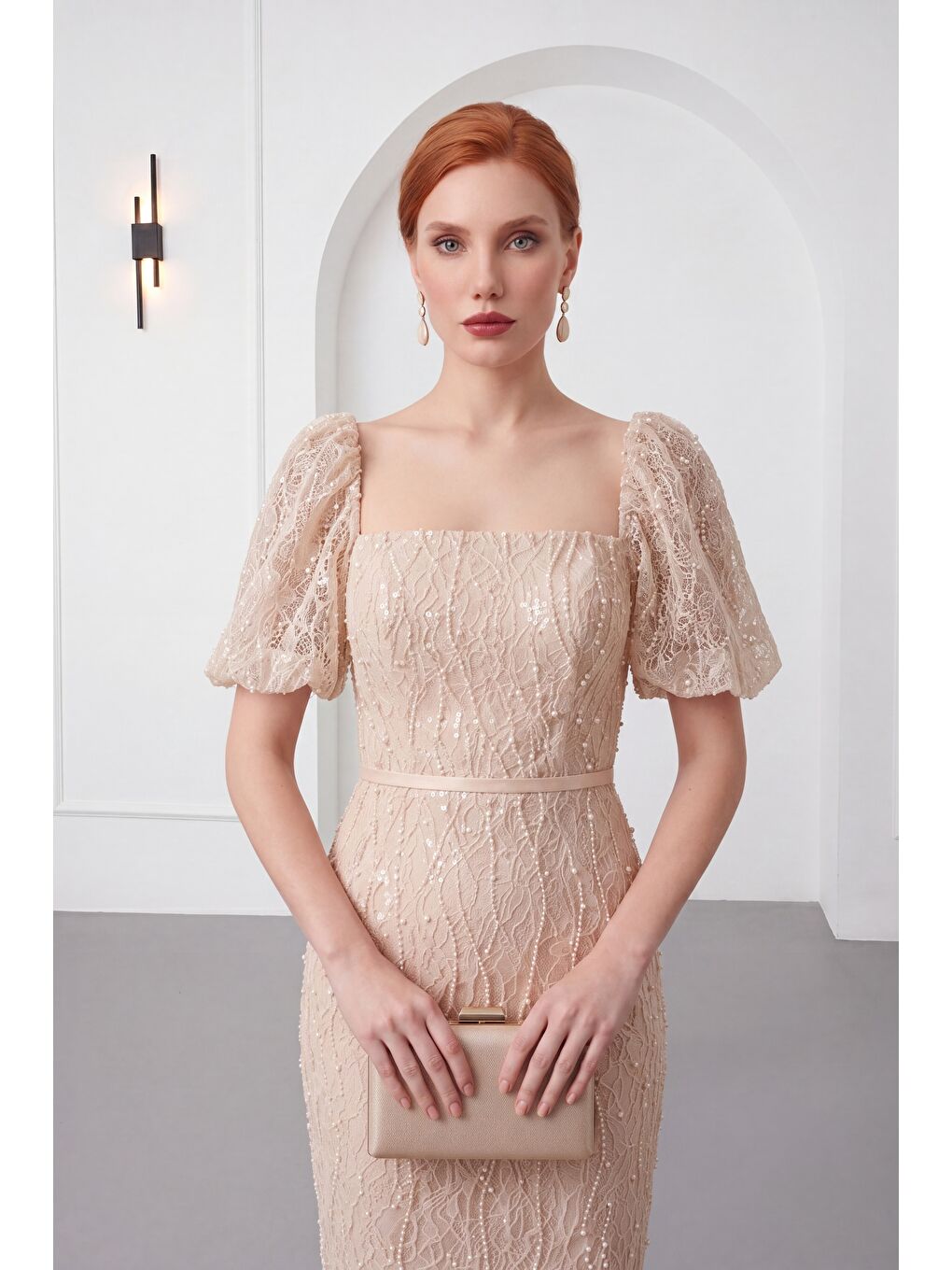 Kadın Bej Kare Yaka Balon Kol Midi Söz Nişan Nikah Abiye Elbise-2