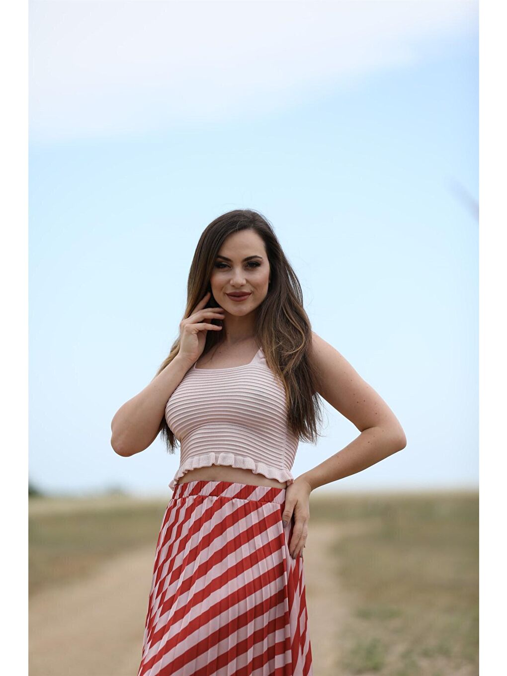 Pembe Triko Fırfırlı Crop Top Swa2096Pe-1