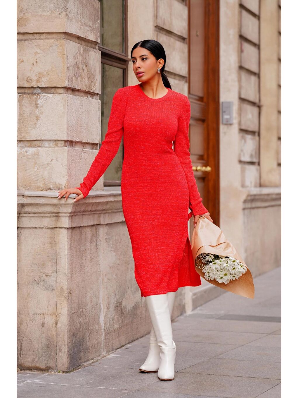 Kırmızı Aşkın İzi Bisiklet Yaka Simli Triko Elbise-2