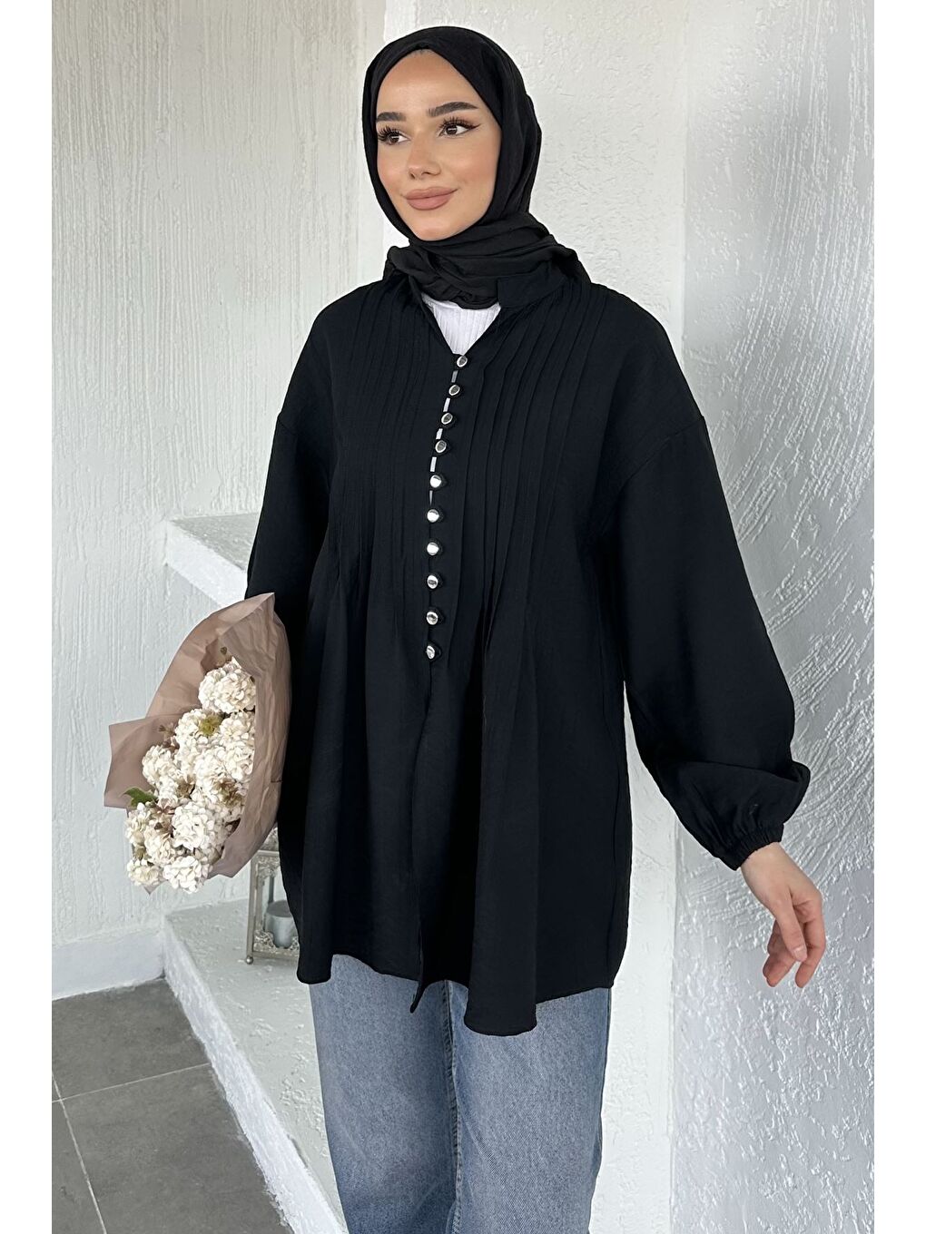 Siyah Düğmeli Tesettür Tunik