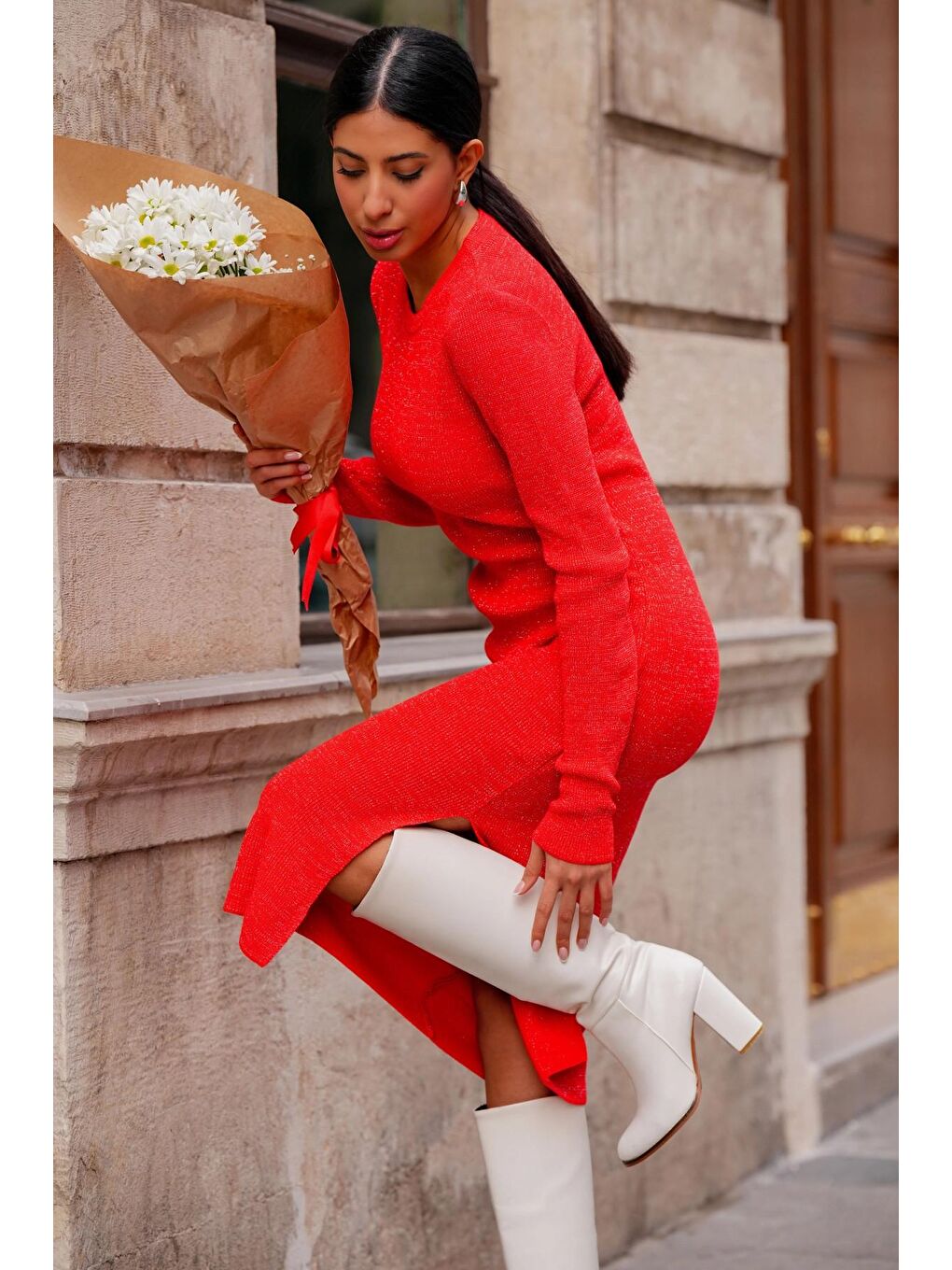 Kırmızı Aşkın İzi Bisiklet Yaka Simli Triko Elbise-3