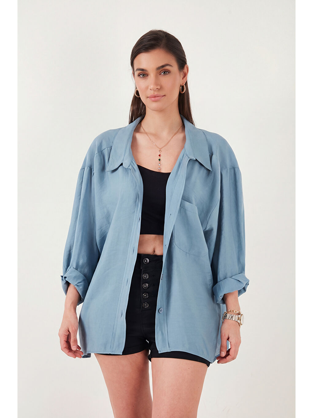 İndigo Modal Oversize Fit Uzun Kollu Kadın Gömlek 6834612-1
