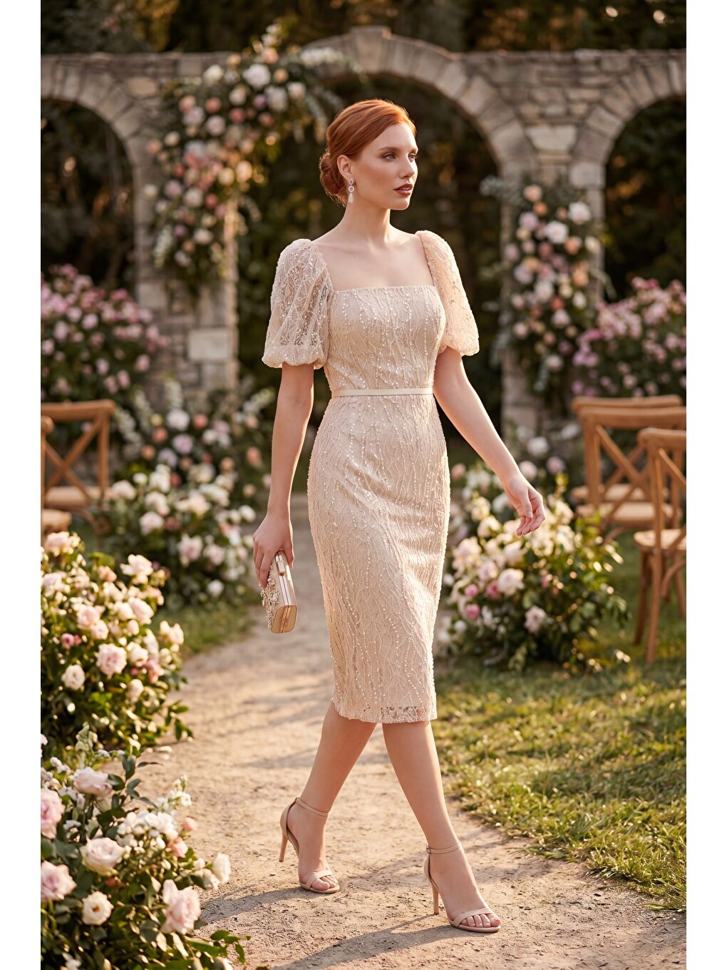 Kadın Bej Kare Yaka Balon Kol Midi Söz Nişan Nikah Abiye Elbise-3