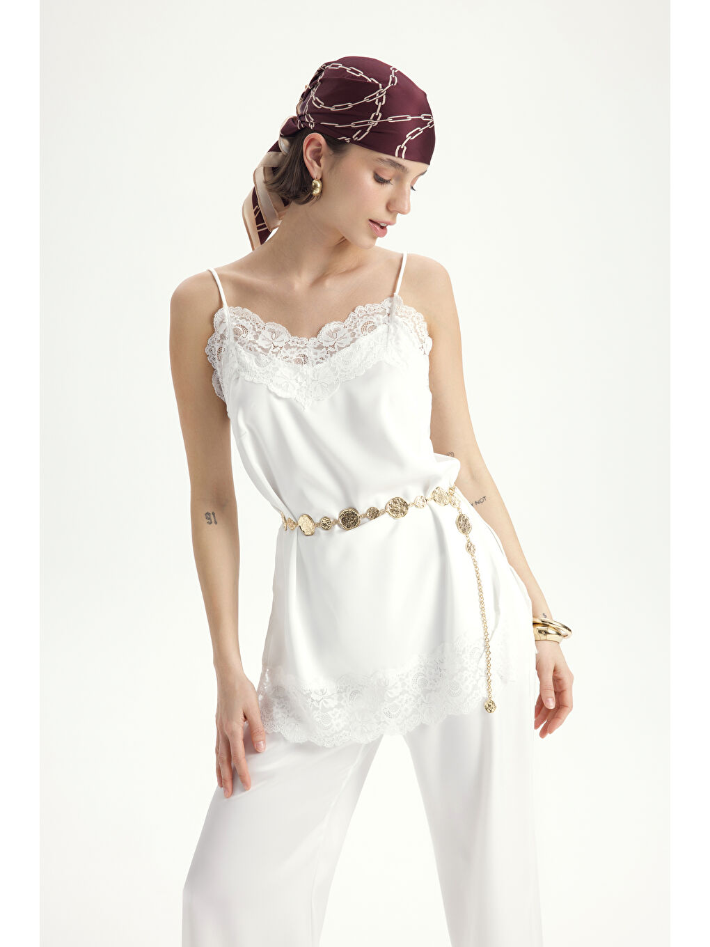 Maris Dantel Detay Beyaz Saten Pantolon Takım-5