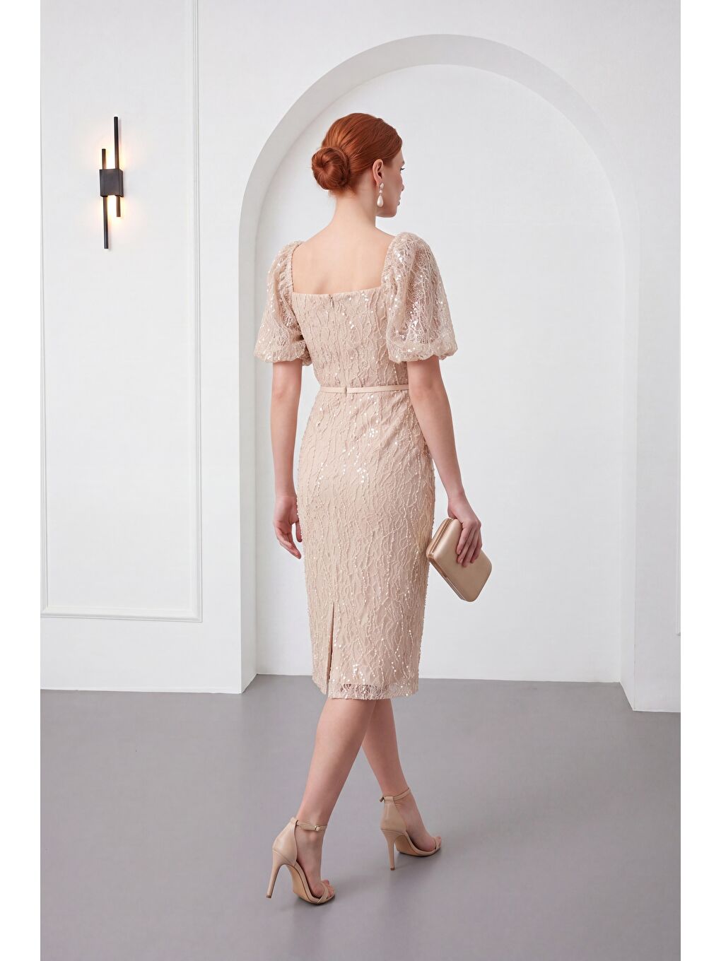 Kadın Bej Kare Yaka Balon Kol Midi Söz Nişan Nikah Abiye Elbise-4