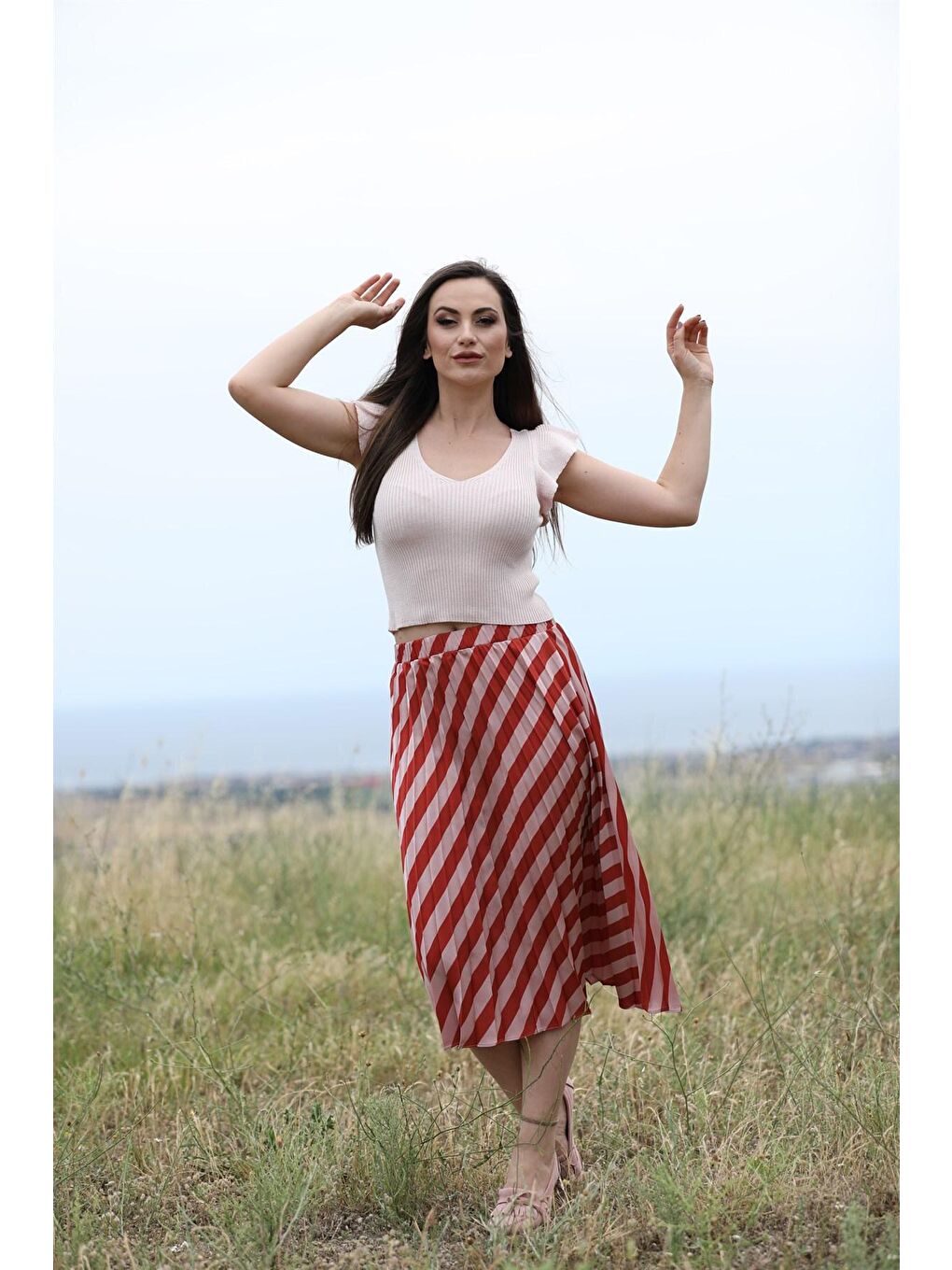 Pembe Triko Fırfırlı Crop Top Swa2096Pe-2