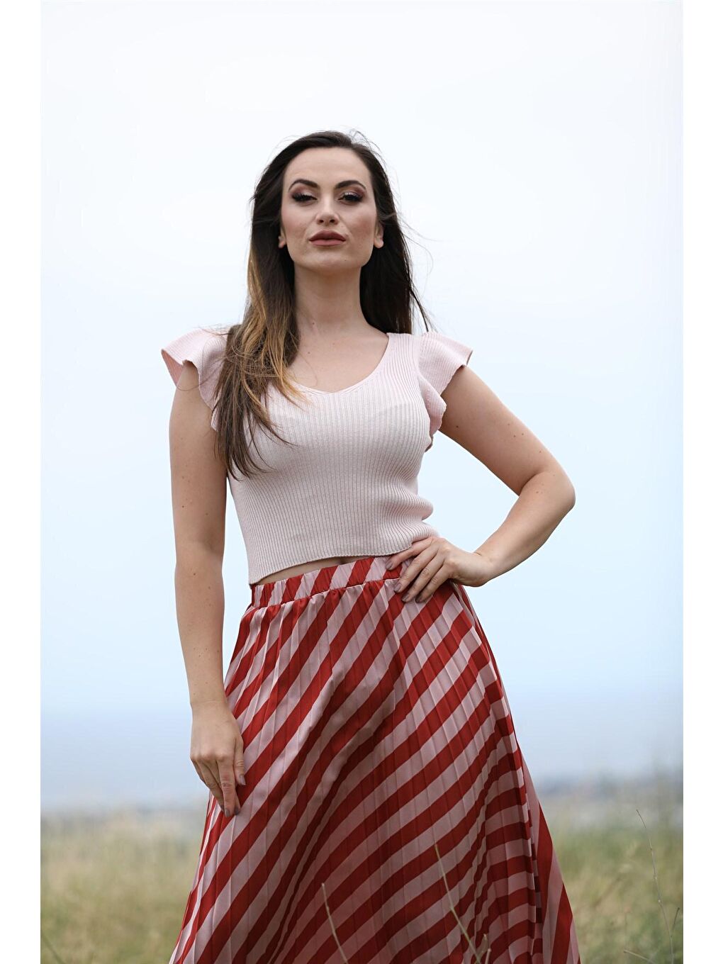 Pembe Triko Fırfırlı Crop Top Swa2096Pe-3