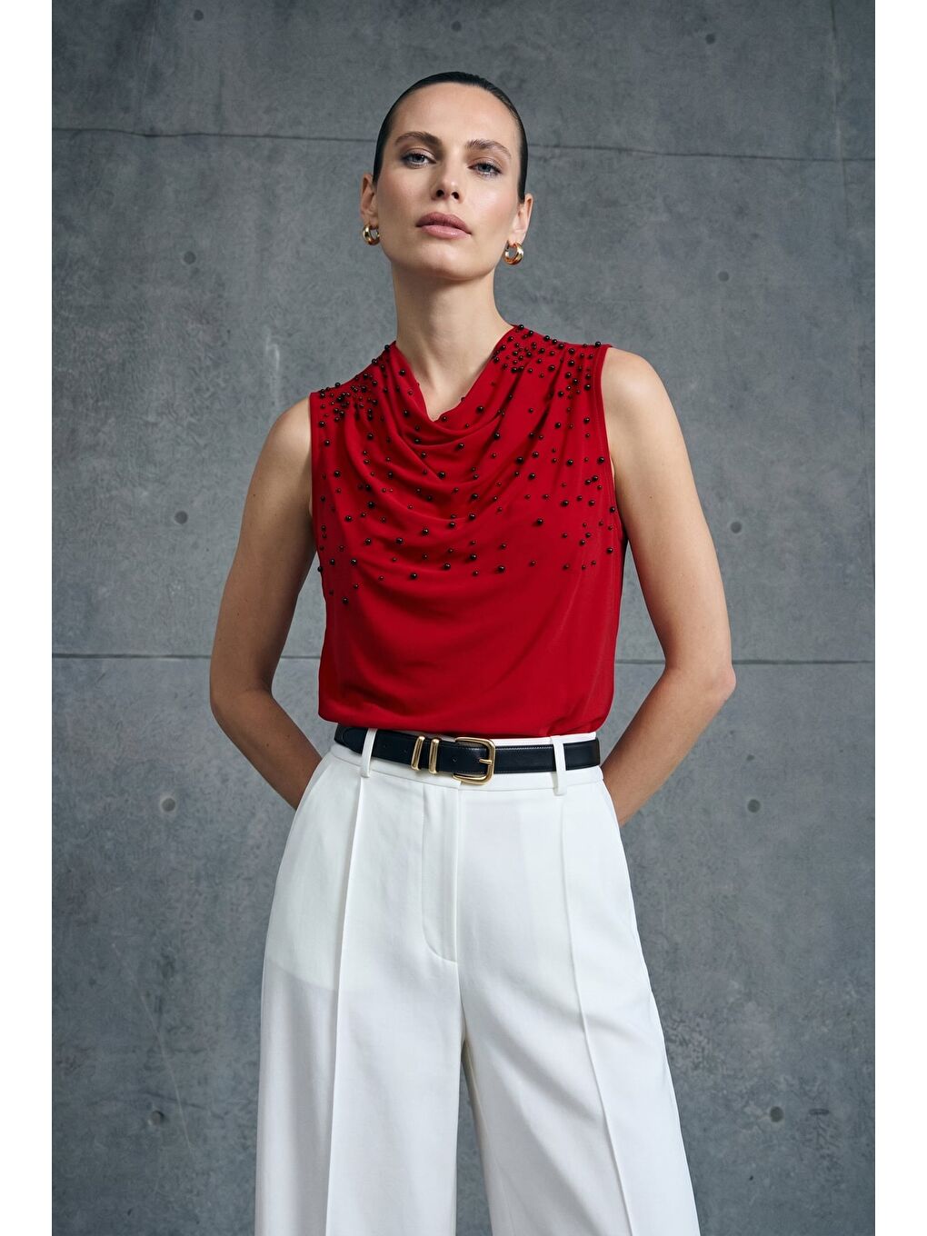 İnci Detaylı Bluz - Kırmızı-2
