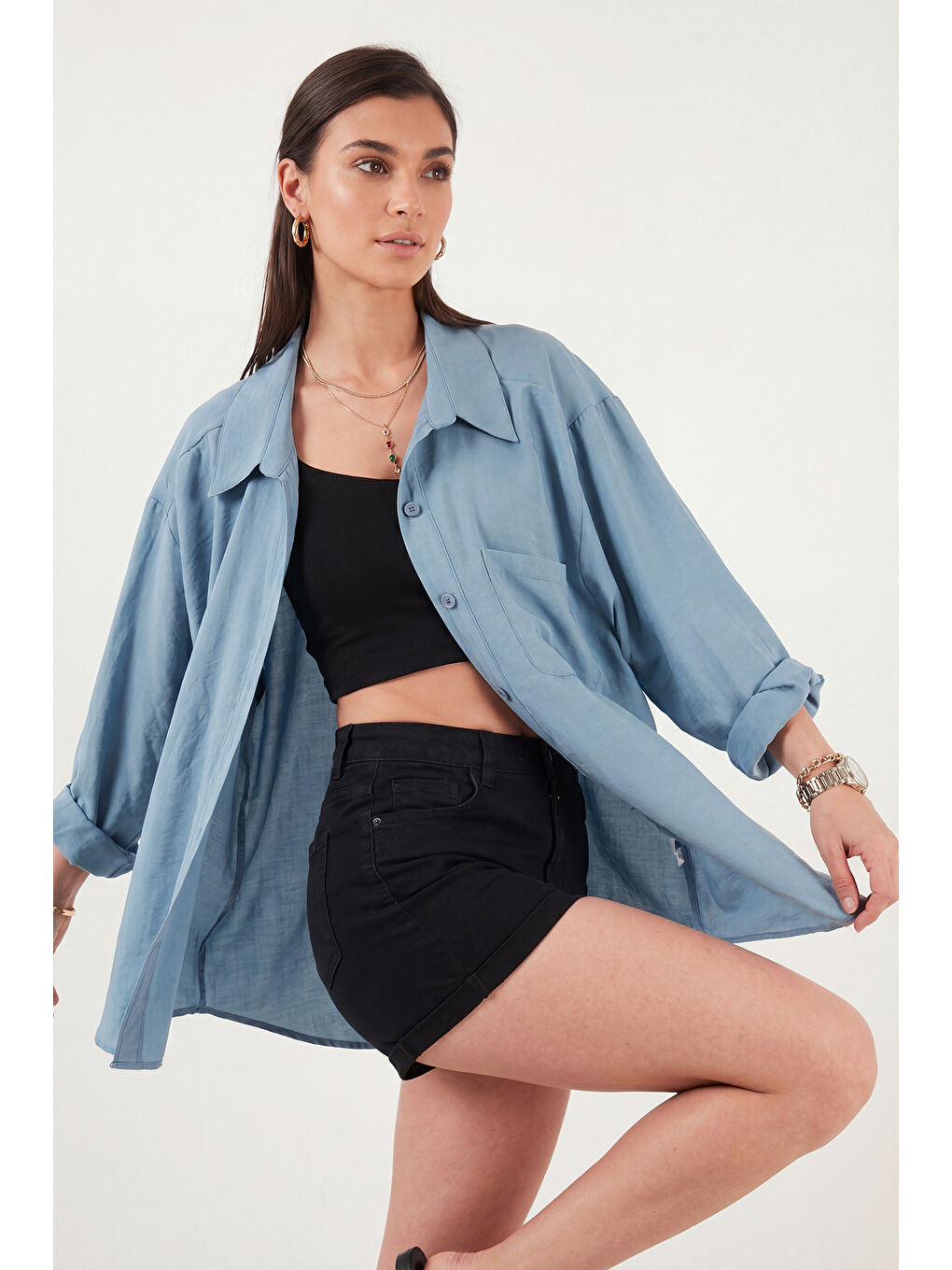 İndigo Modal Oversize Fit Uzun Kollu Kadın Gömlek 6834612-2